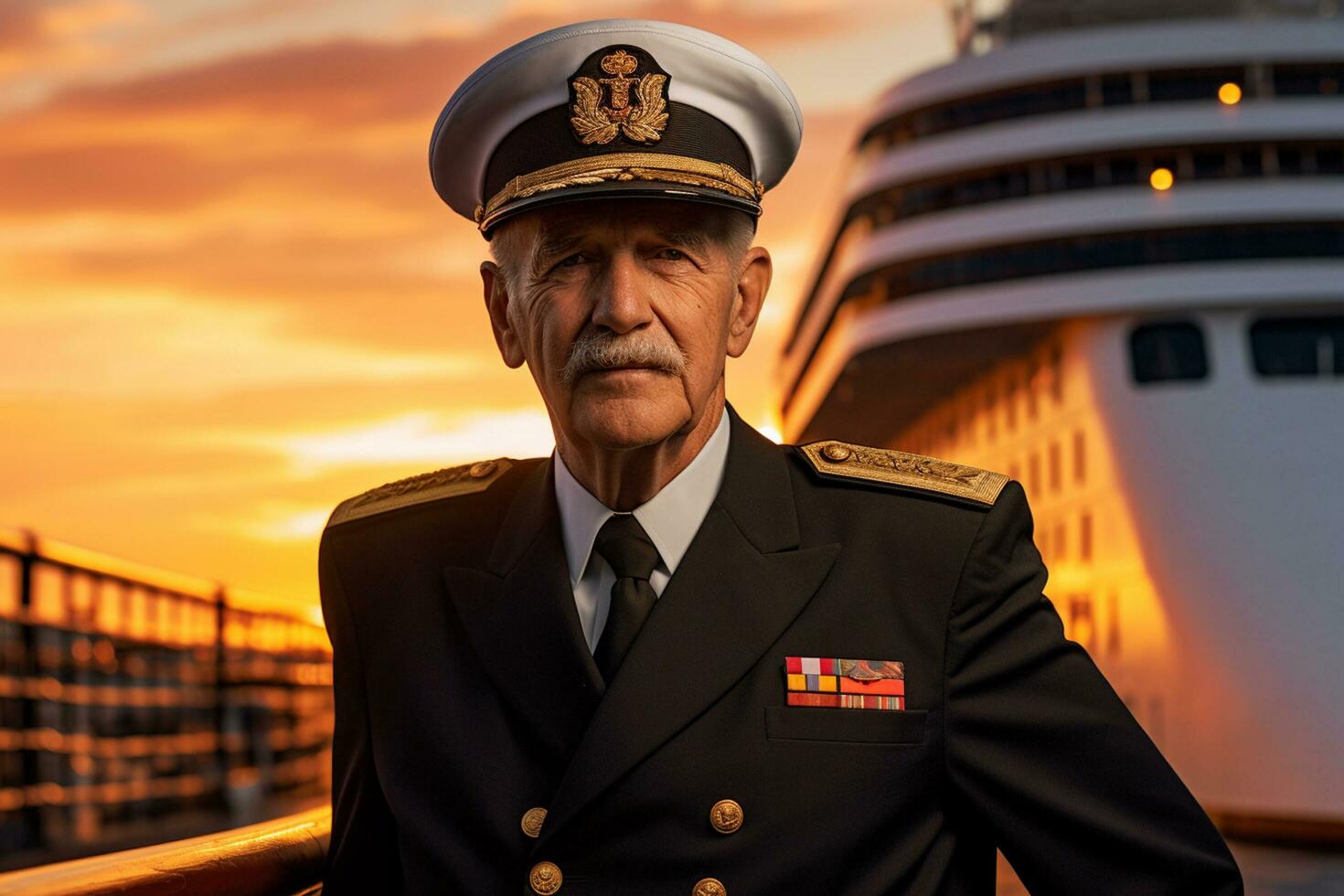 AI generated old male captain standing in front of the ship bokeh style background with Generated AI photo