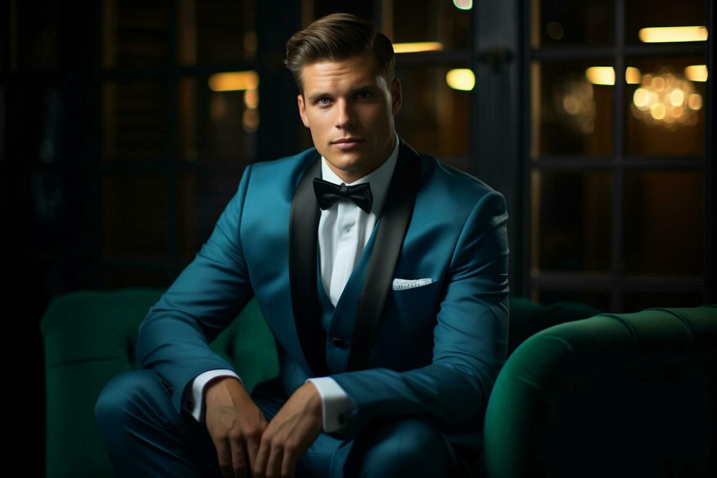 AI generated handsome man model wearing blue tuxedo bokeh style background with Generated AI photo