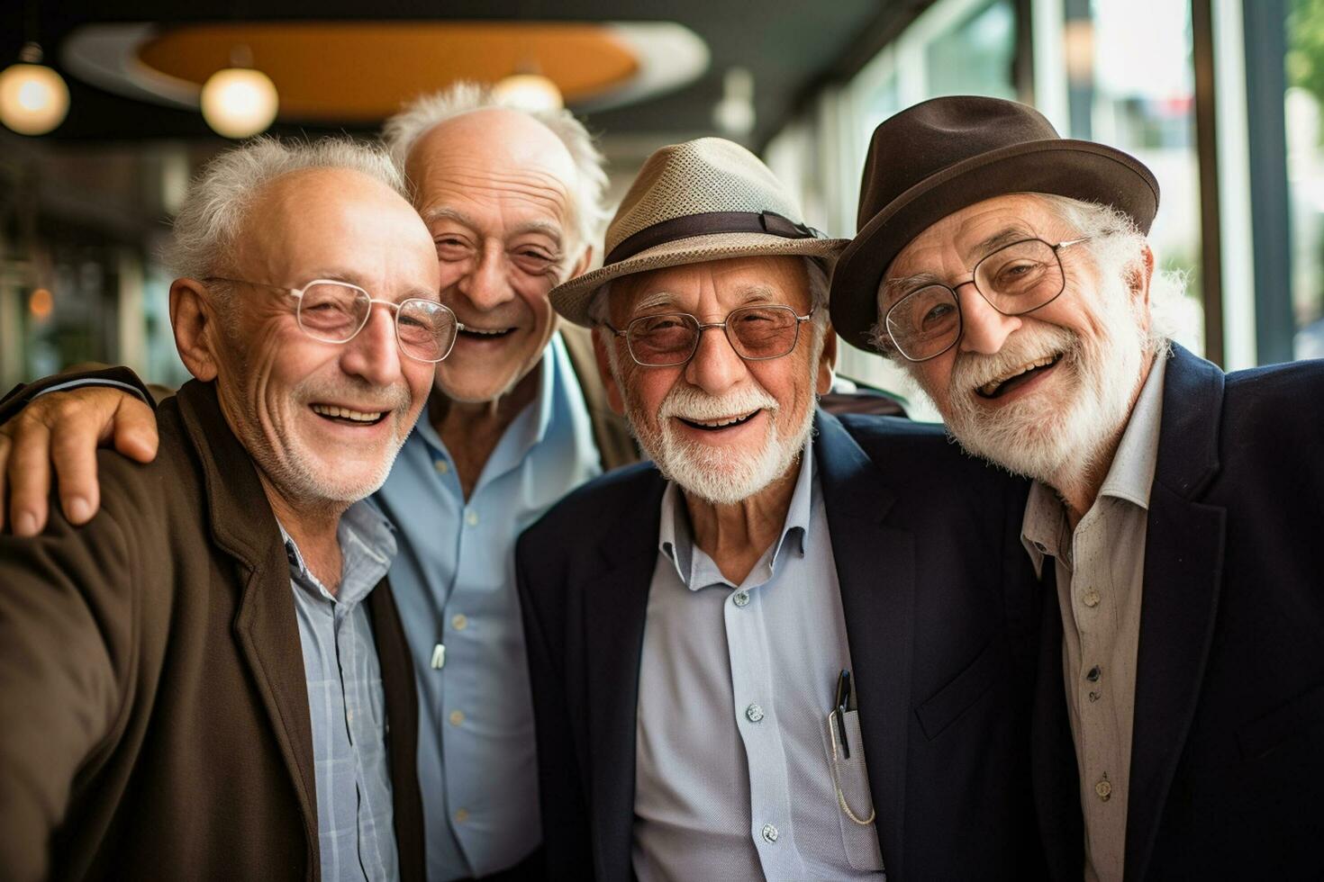 AI generated a group of older men friendship bokeh style background with Generated AI photo