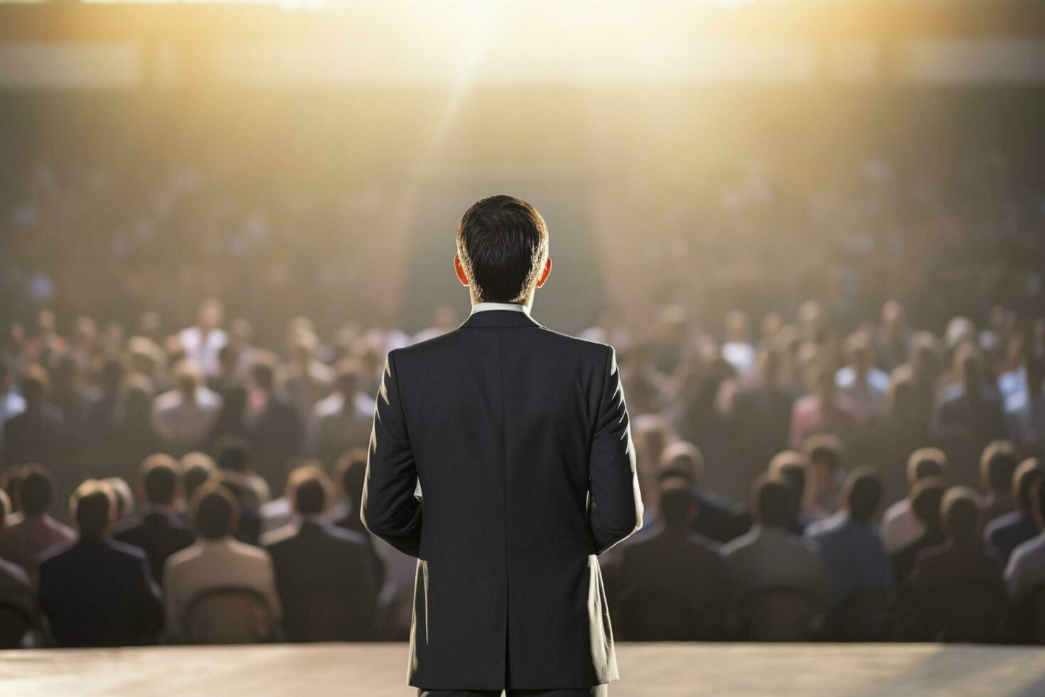 AI generated a man speaking in front of crowd people bokeh style background with Generative AI photo