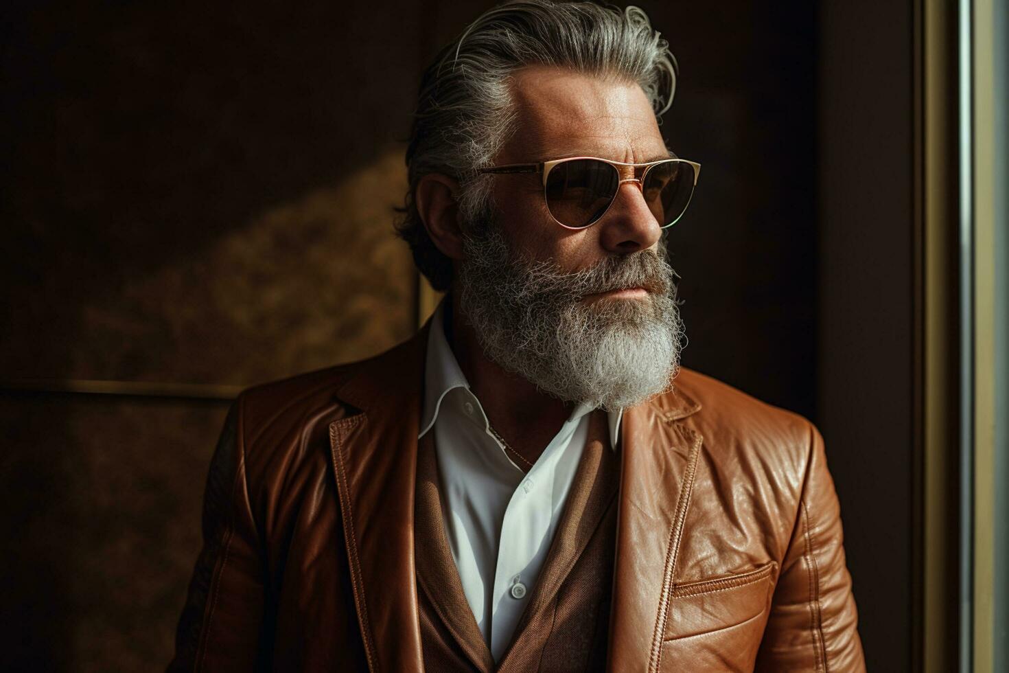 AI generated handsome middle age man model wearing brown suit bokeh style background with Generated AI photo