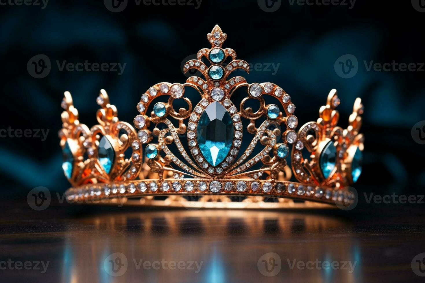 AI generated a blue diamond crown on wood table bokeh style background with Generated AI photo