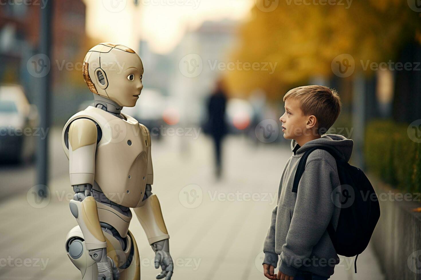 AI generated young boy talking with robot bokeh style background with Generative AI photo