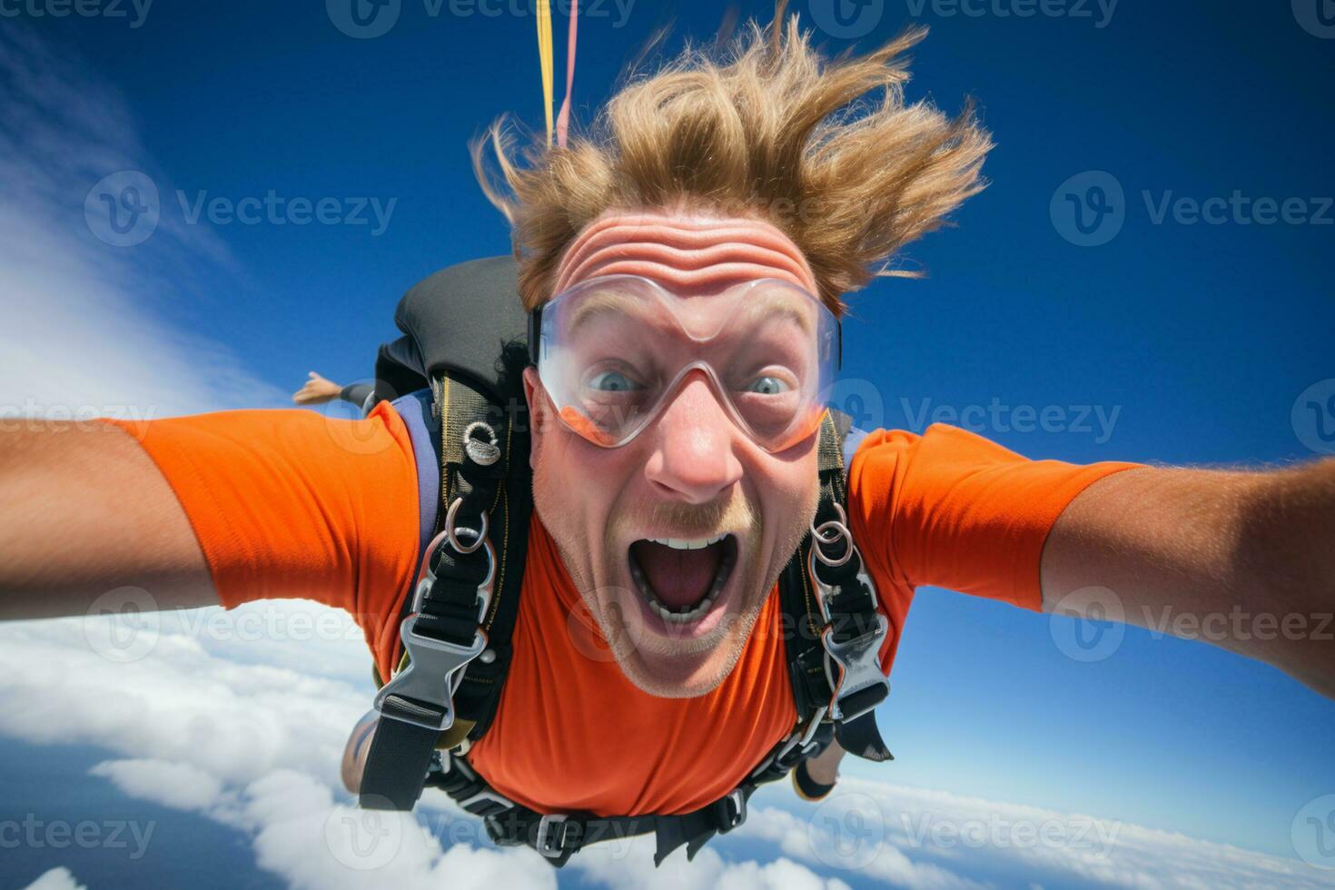 AI generated A man taking a selfie while skydiving with Generated AI photo