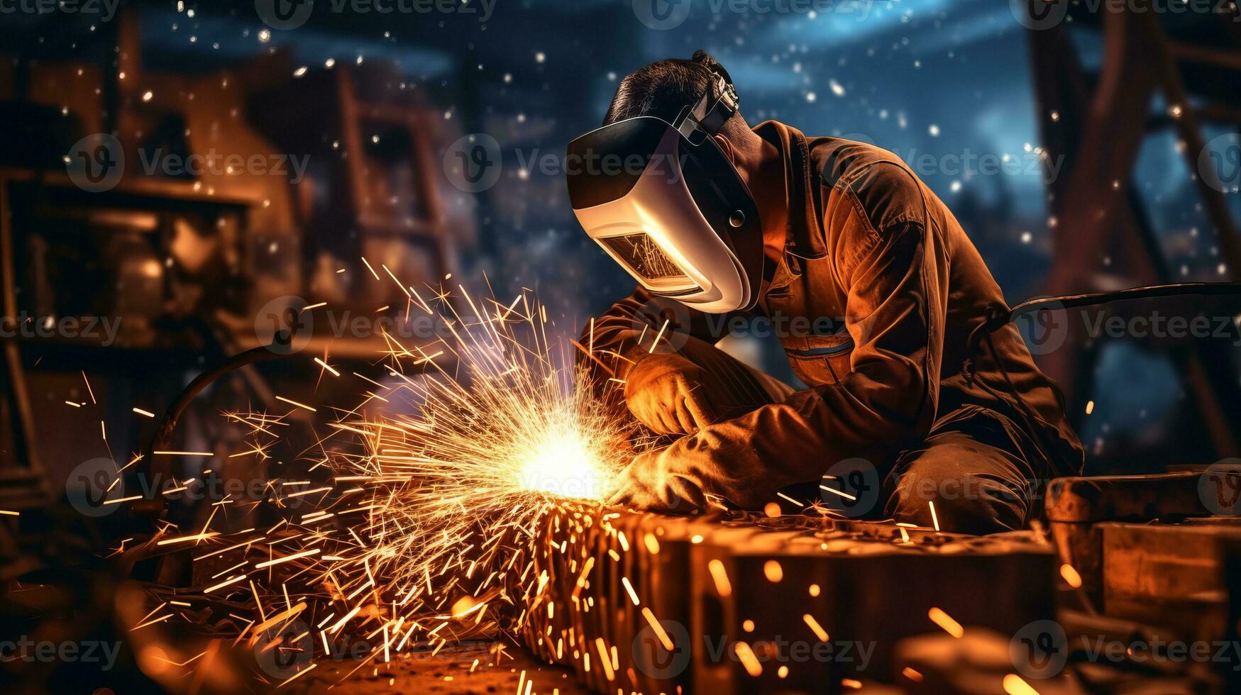 AI generated Skilled worker performing precise arc welding with electric welder in modern workshop photo