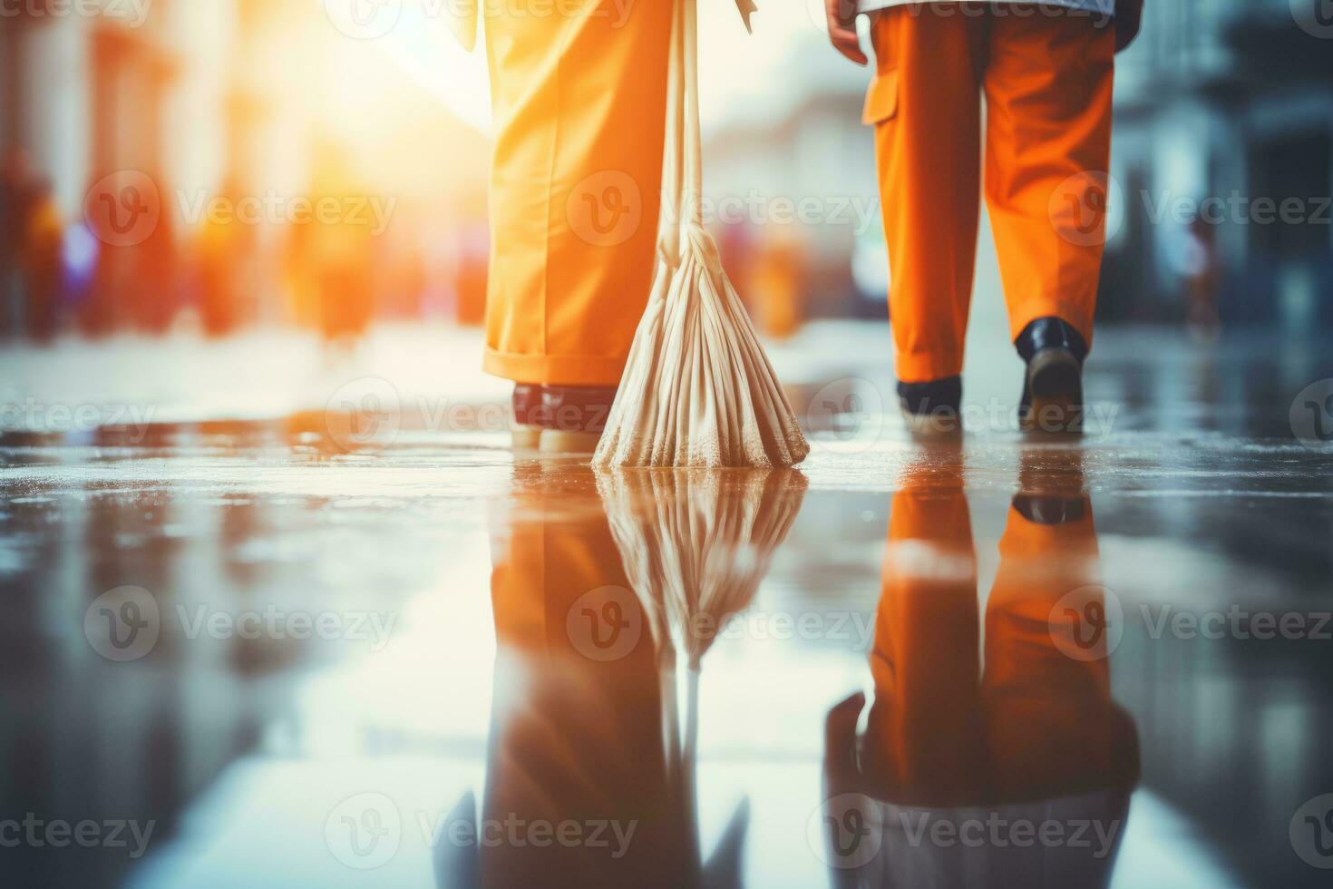 AI generated Professional office floor cleaning service with person cleaning and blurred office background photo