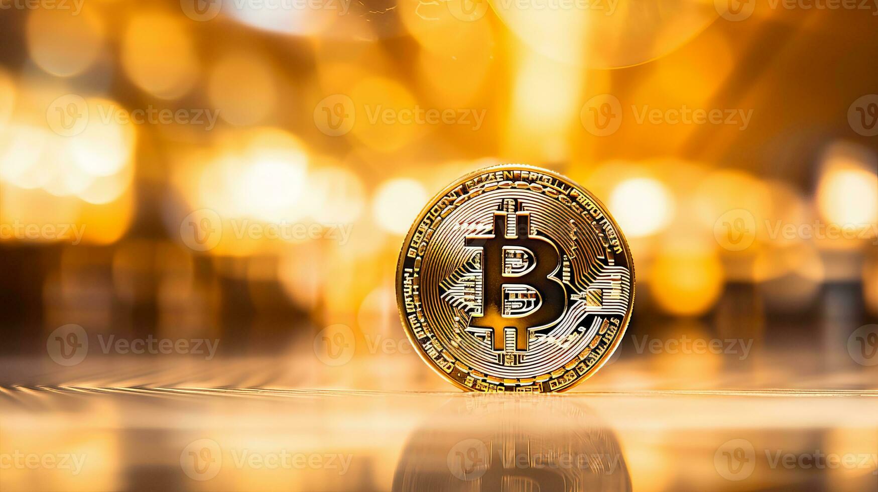 AI generated Bitcoin on yellow abstract background with defocused effect and copy space for text placement photo