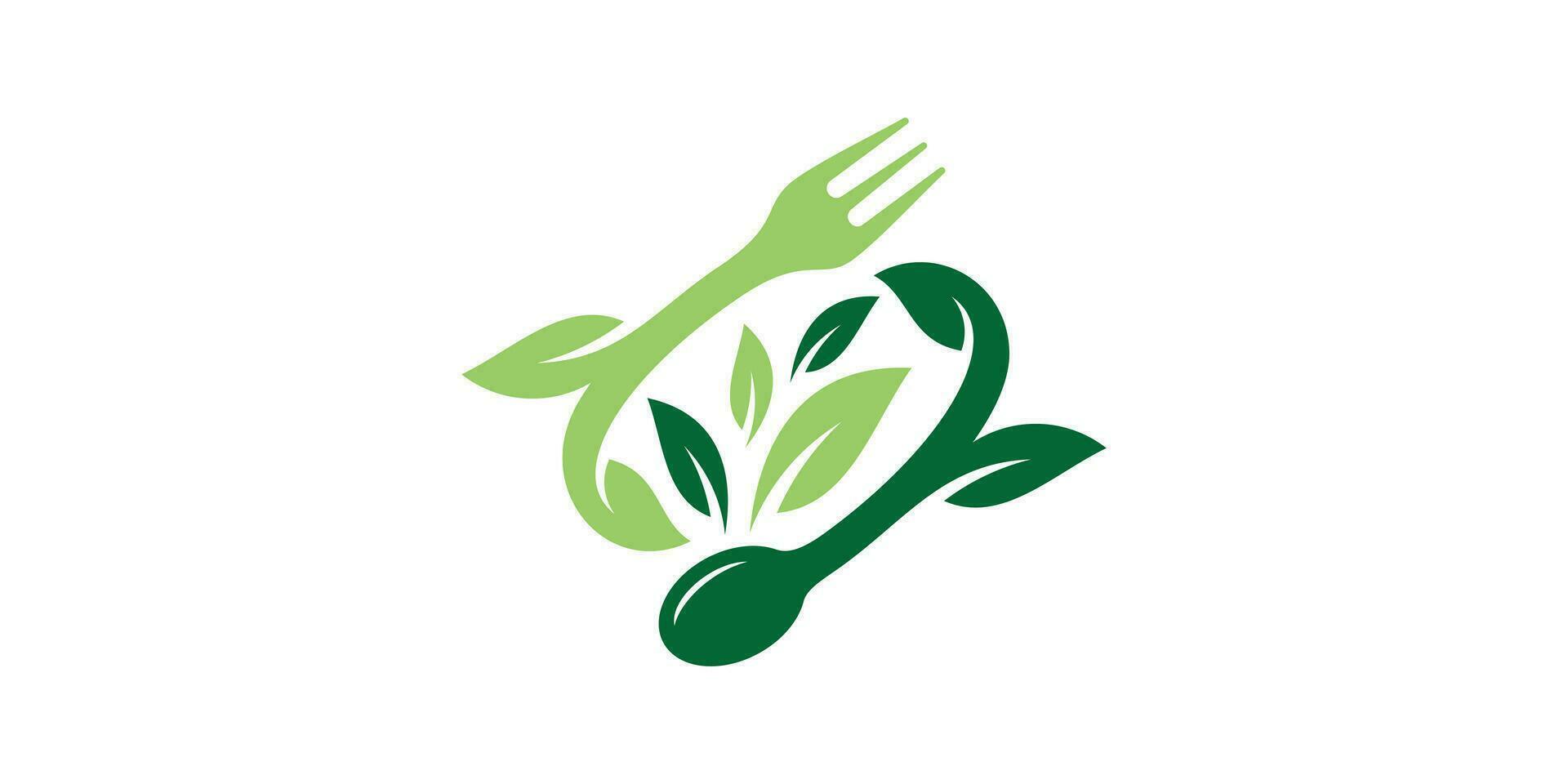 healthy food logo design with cutlery and leaf elements, icon, vector, symbols. vector