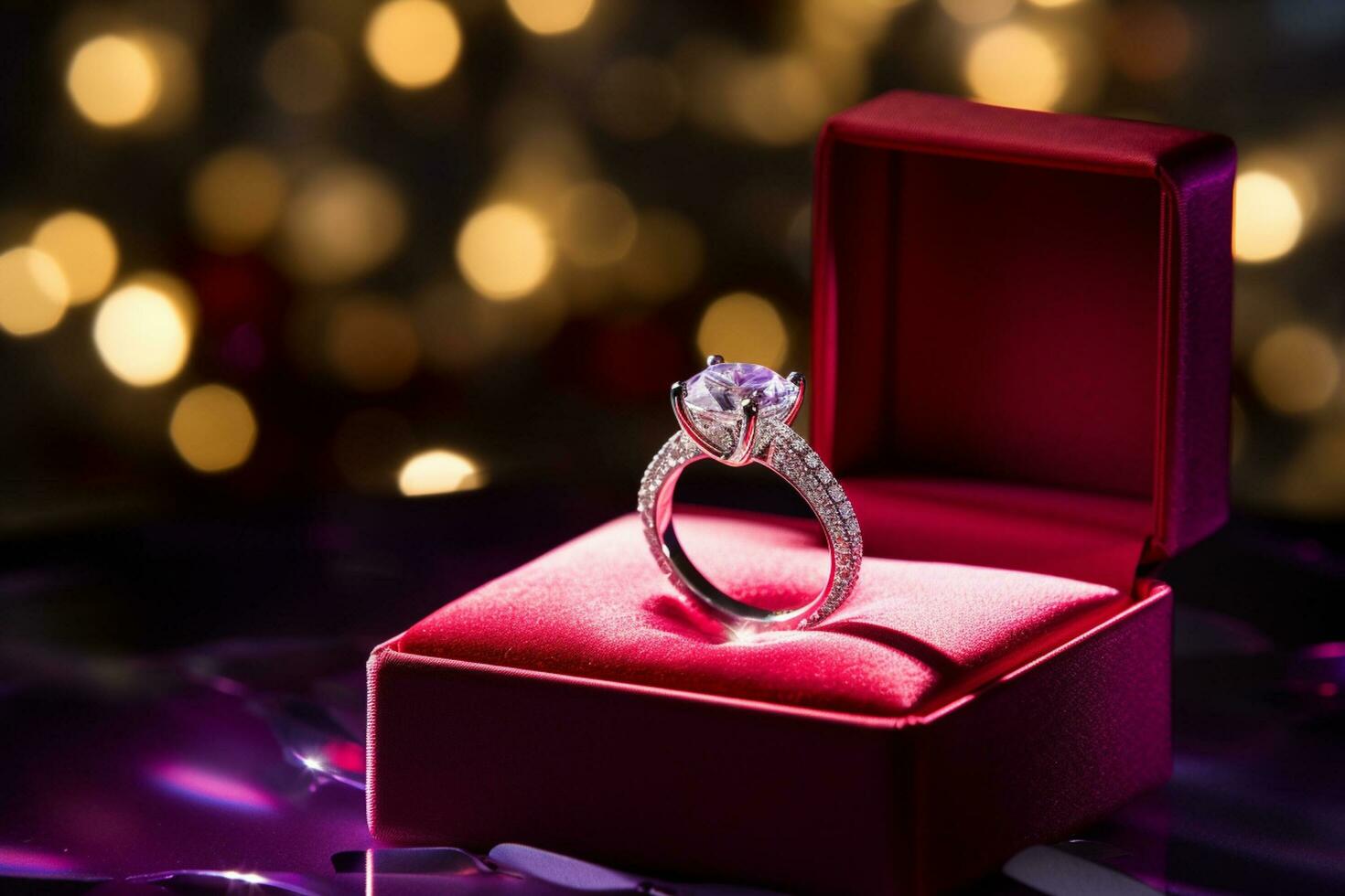 AI generated a diamond wedding ring in a red purple box bokeh style background with Generated AI photo