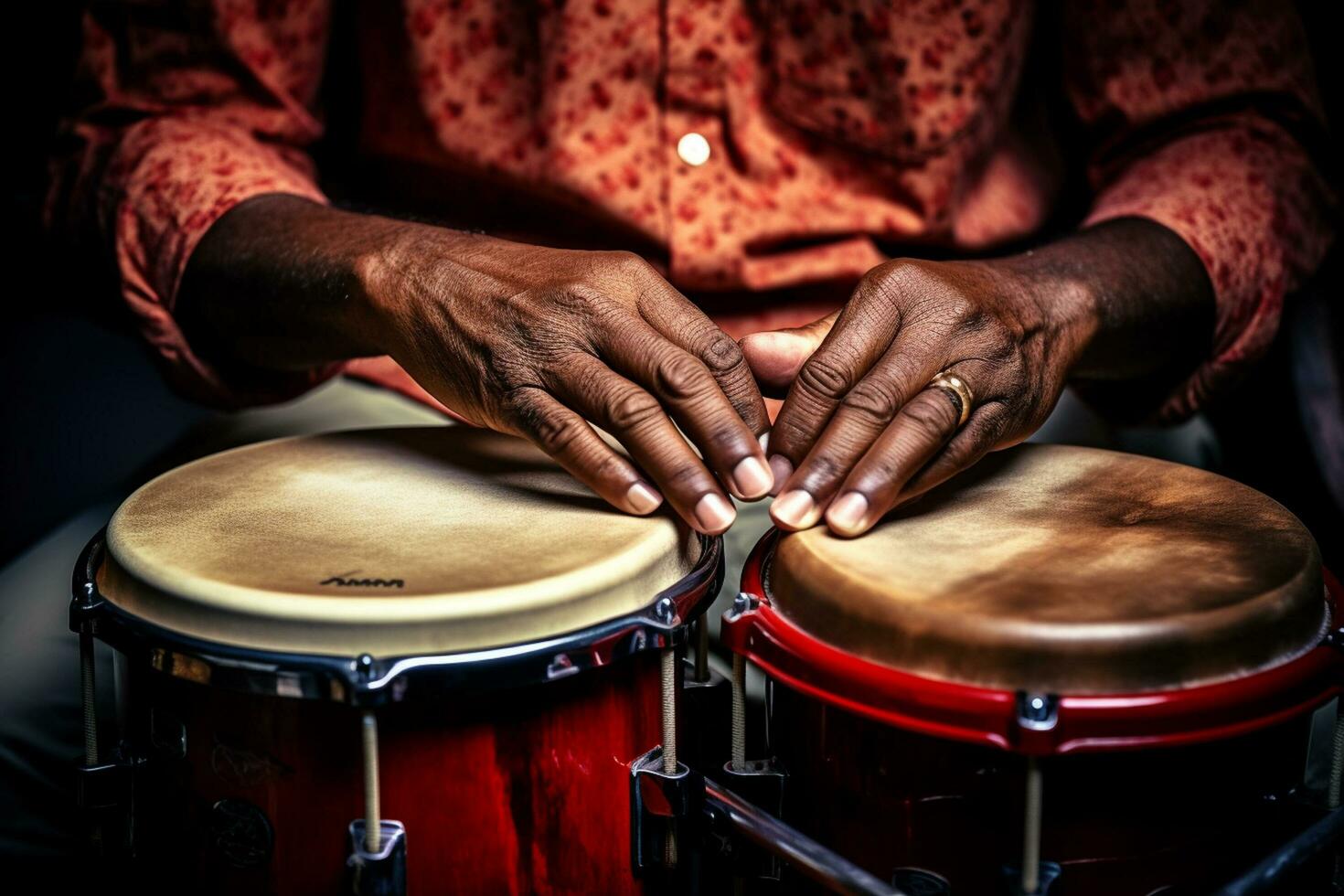 AI generated close up of hands playing drum bokeh style background with Generated AI photo