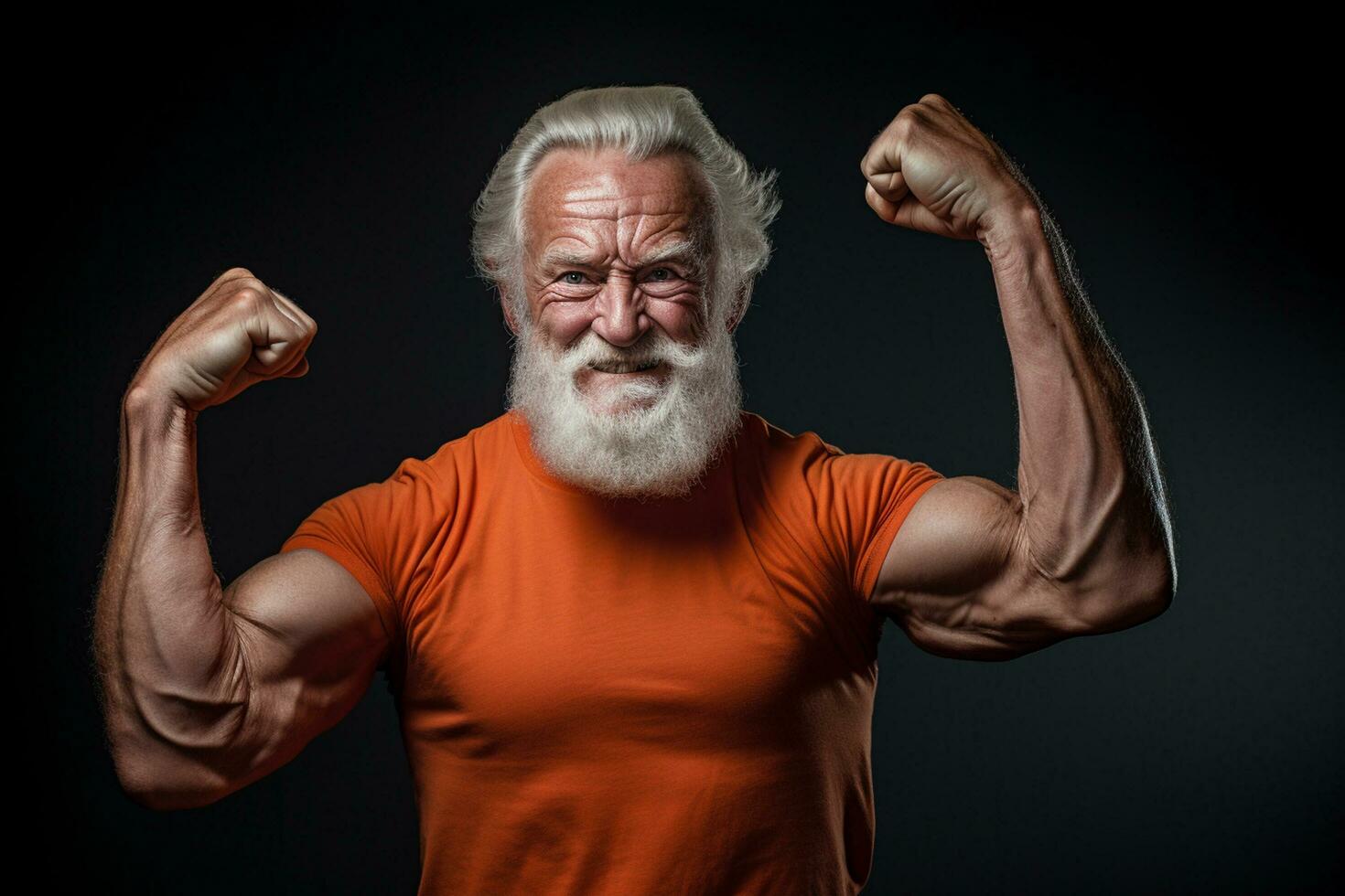 AI generated an elderly man show his muscle in dark background with Generative AI photo