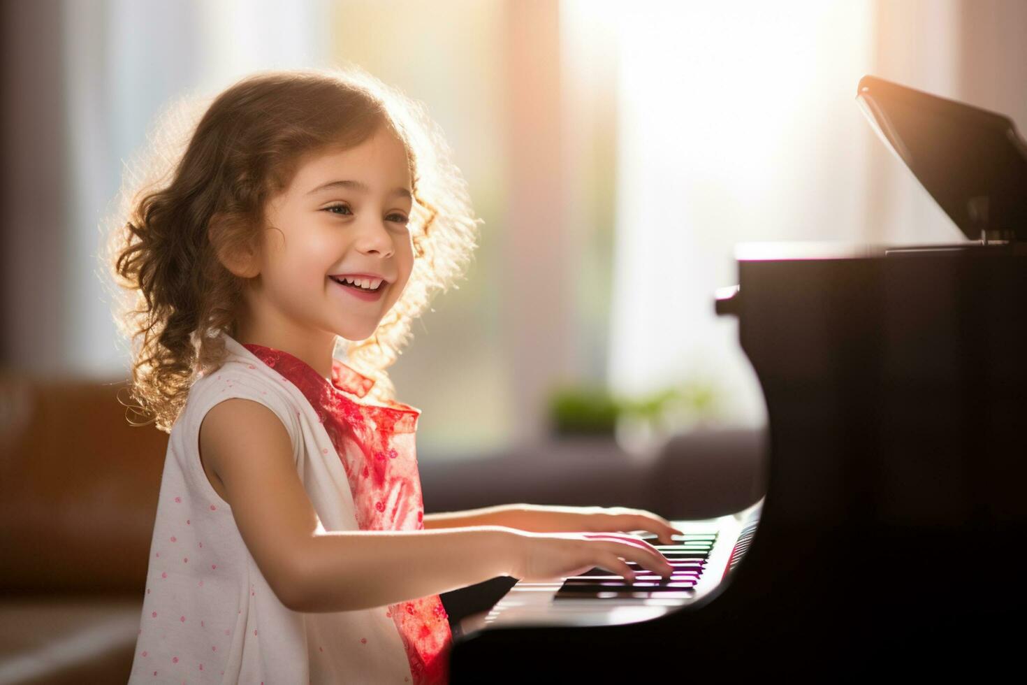 AI generated a girl playing piano in living room bokeh style background with Generative AI photo