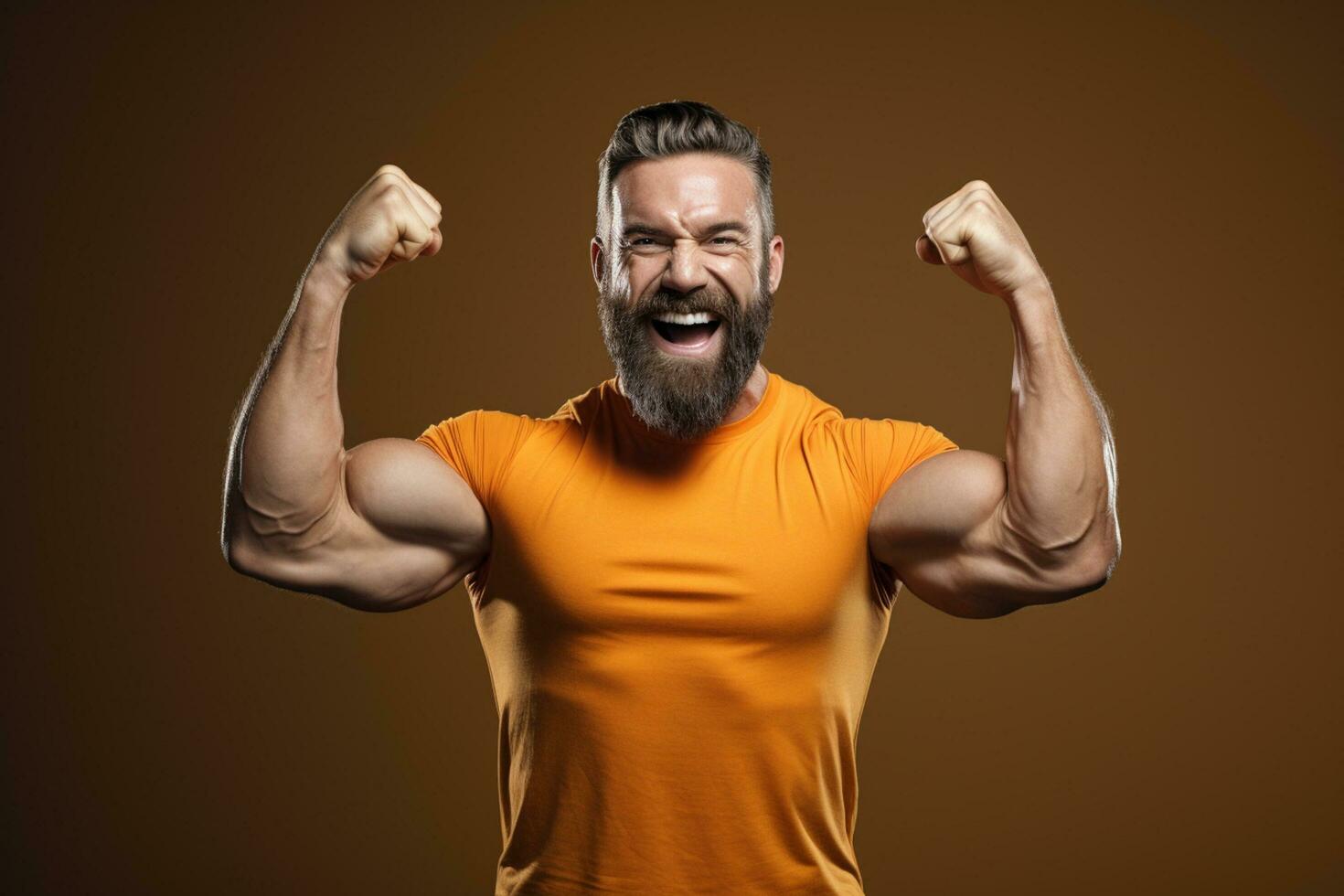 AI generated fitness man show his muscles on brown background with Generative AI photo