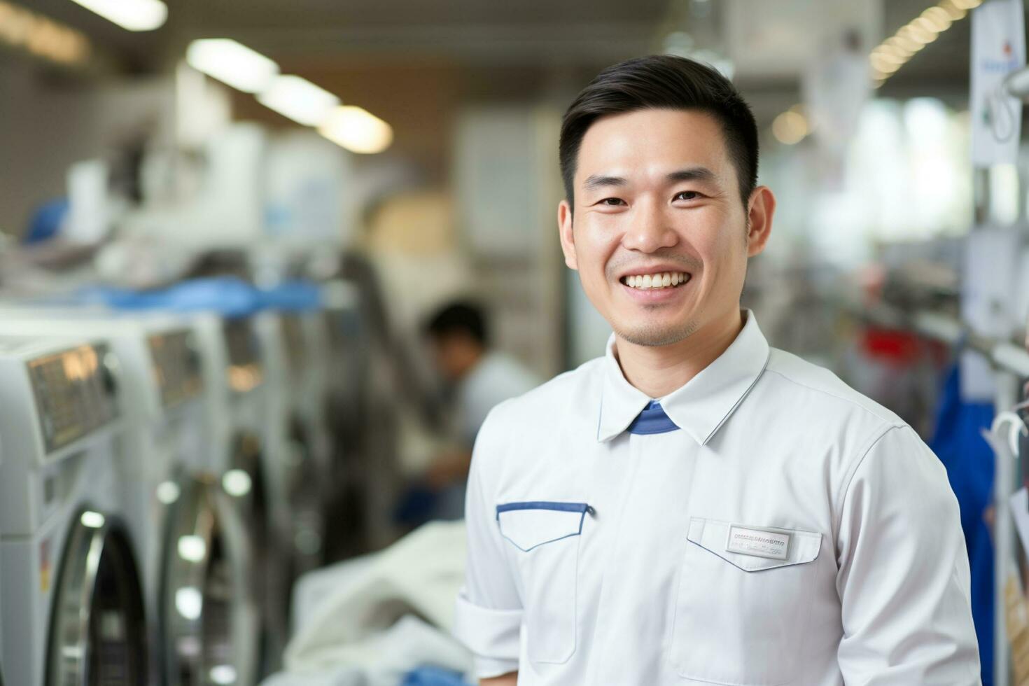 AI generated a male receptionist in laundry shop bokeh style background with Generated AI photo