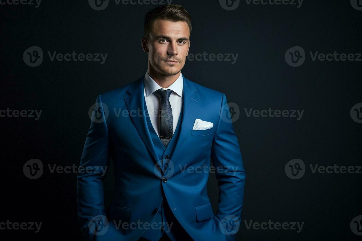 AI generated handsome man model wearing blue suit bokeh style background with Generated AI photo