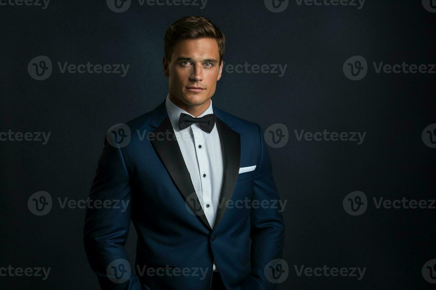 AI generated handsome man model wearing blue tuxedo bokeh style background with Generated AI photo