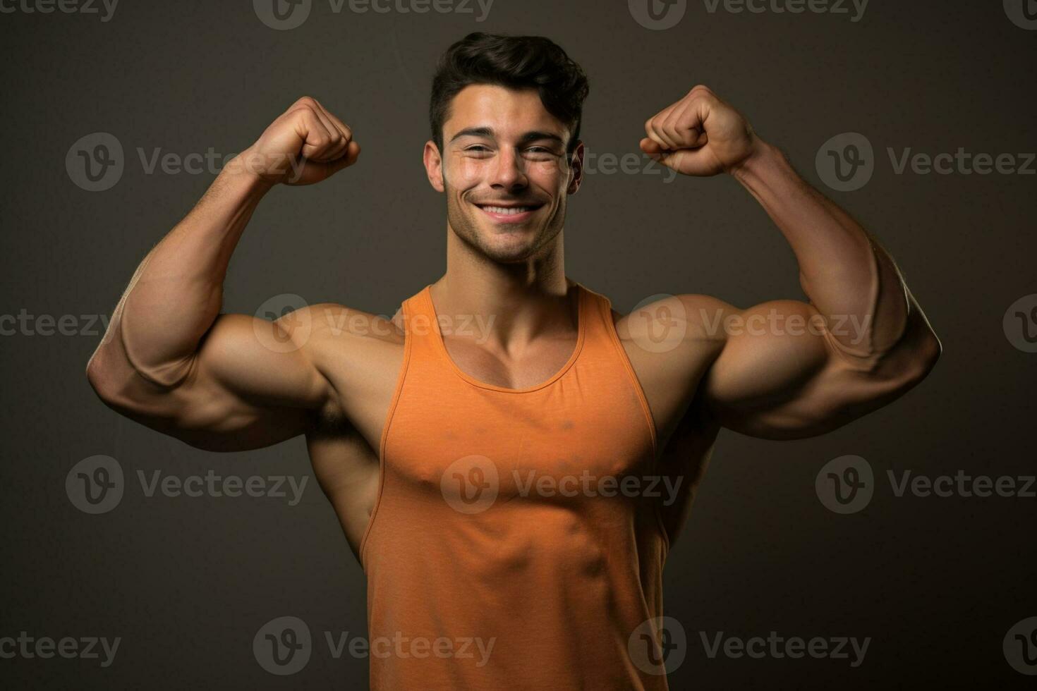 AI generated fitness man show his muscles on brown background with Generative AI photo