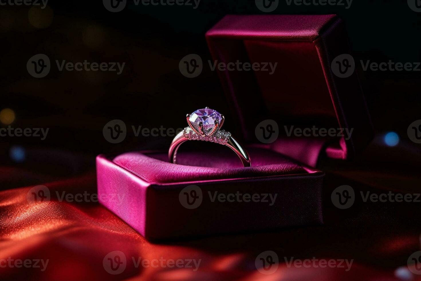 AI generated a diamond wedding ring in a red purple box bokeh style background with Generated AI photo