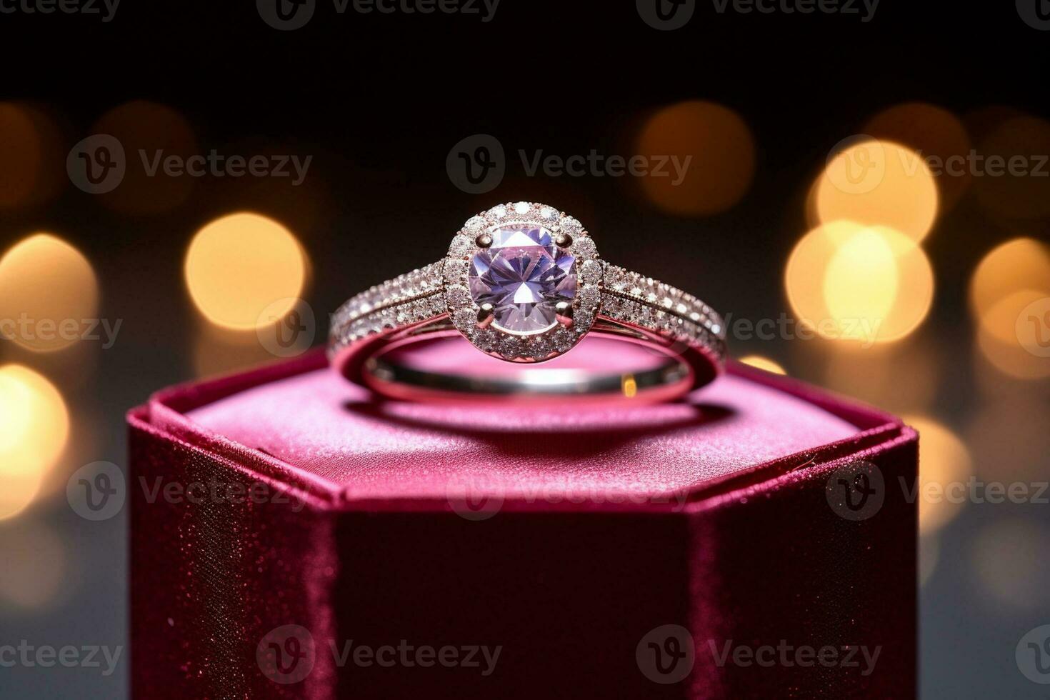 AI generated a diamond wedding ring in a red purple box bokeh style background with Generated AI photo