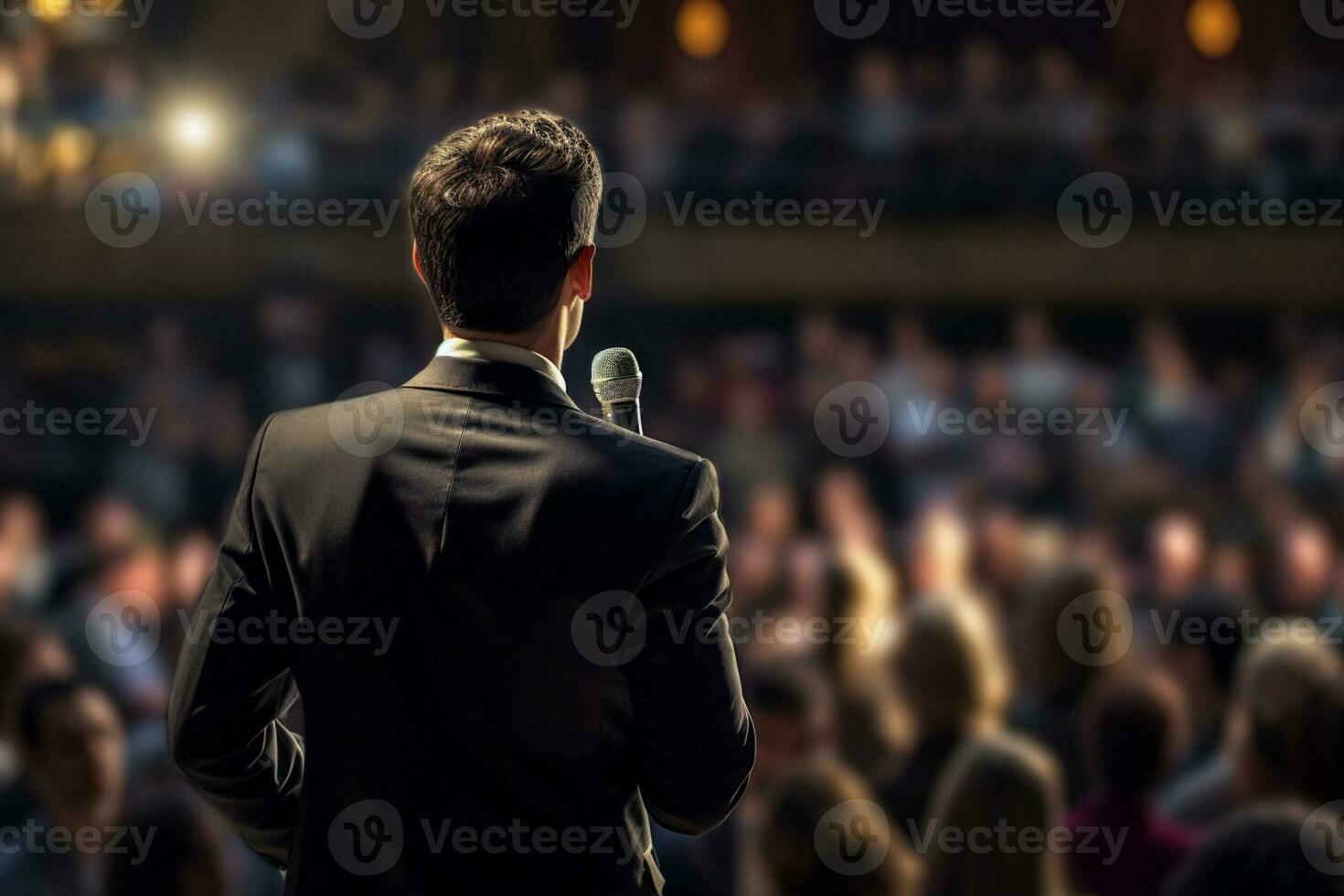 AI generated a man speaking in front of crowd people bokeh style background with Generative AI photo