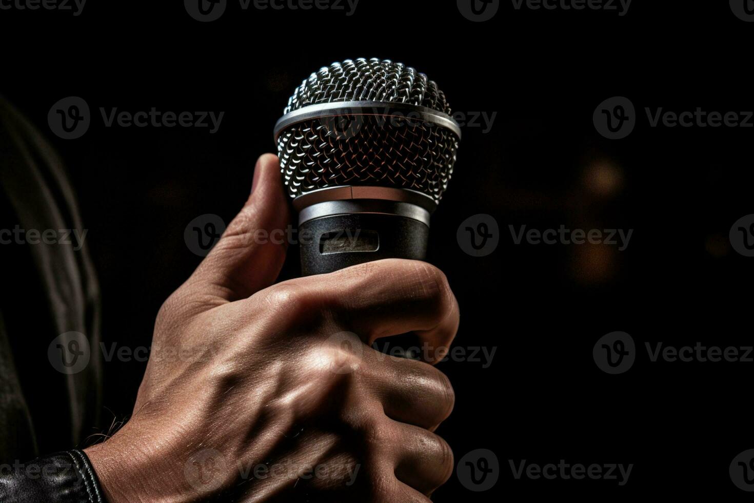 AI generated close up of hands holding a microphone with Generated AI photo