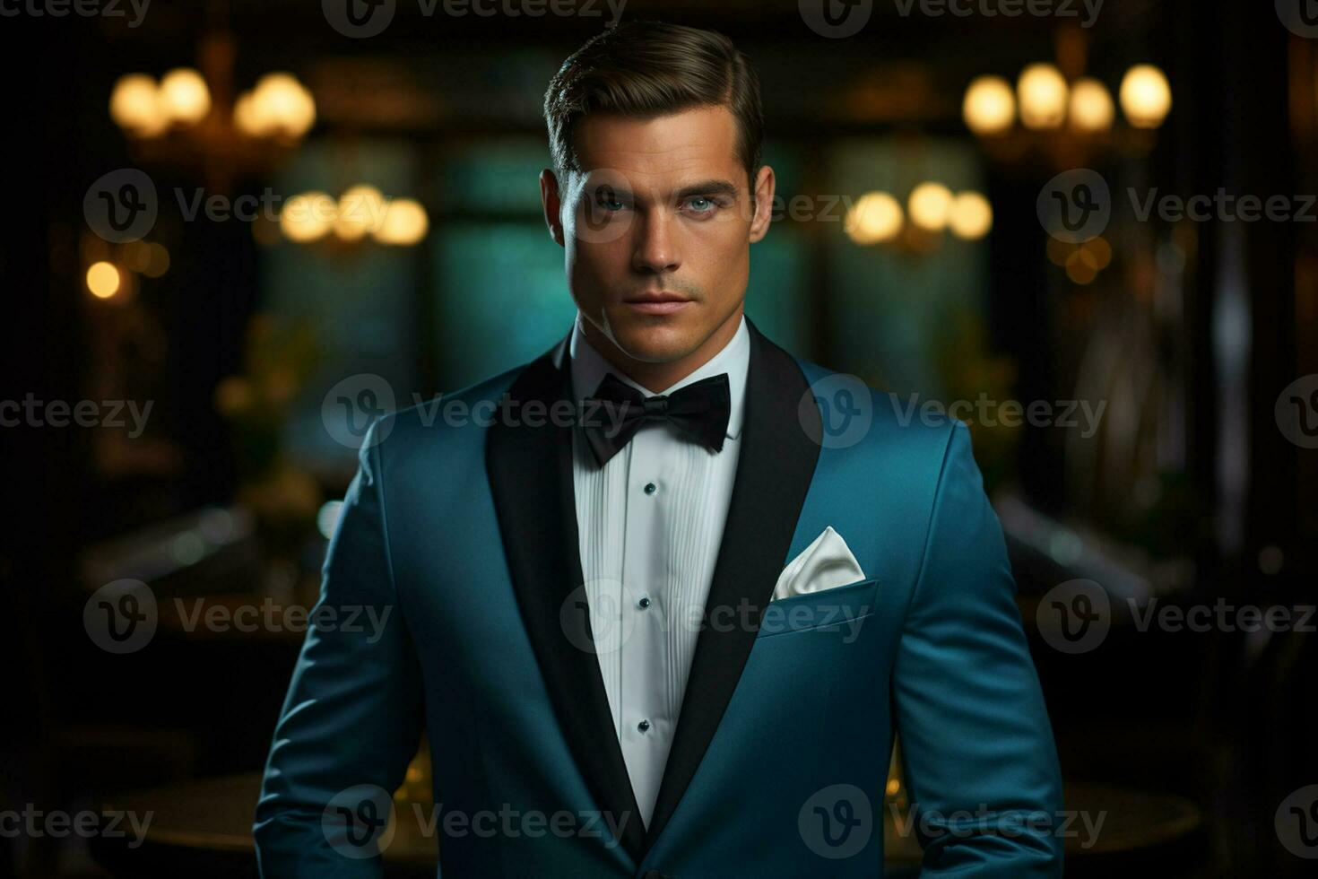 AI generated handsome man model wearing blue tuxedo bokeh style background with Generated AI photo