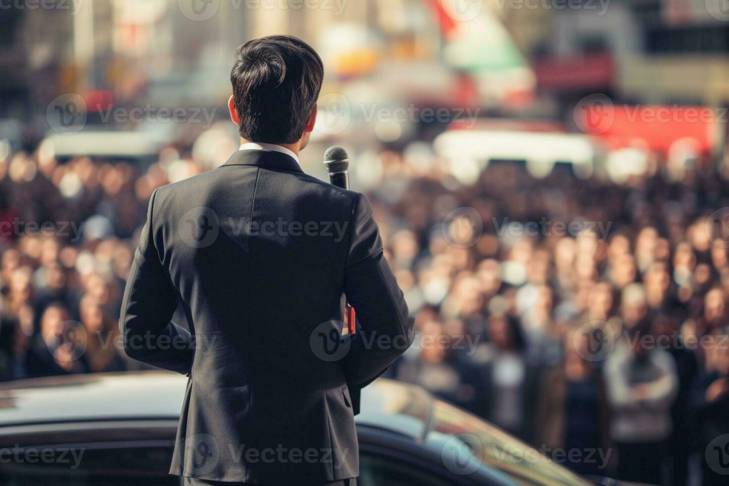 AI generated a man speaking in front of crowd people bokeh style background with Generative AI photo