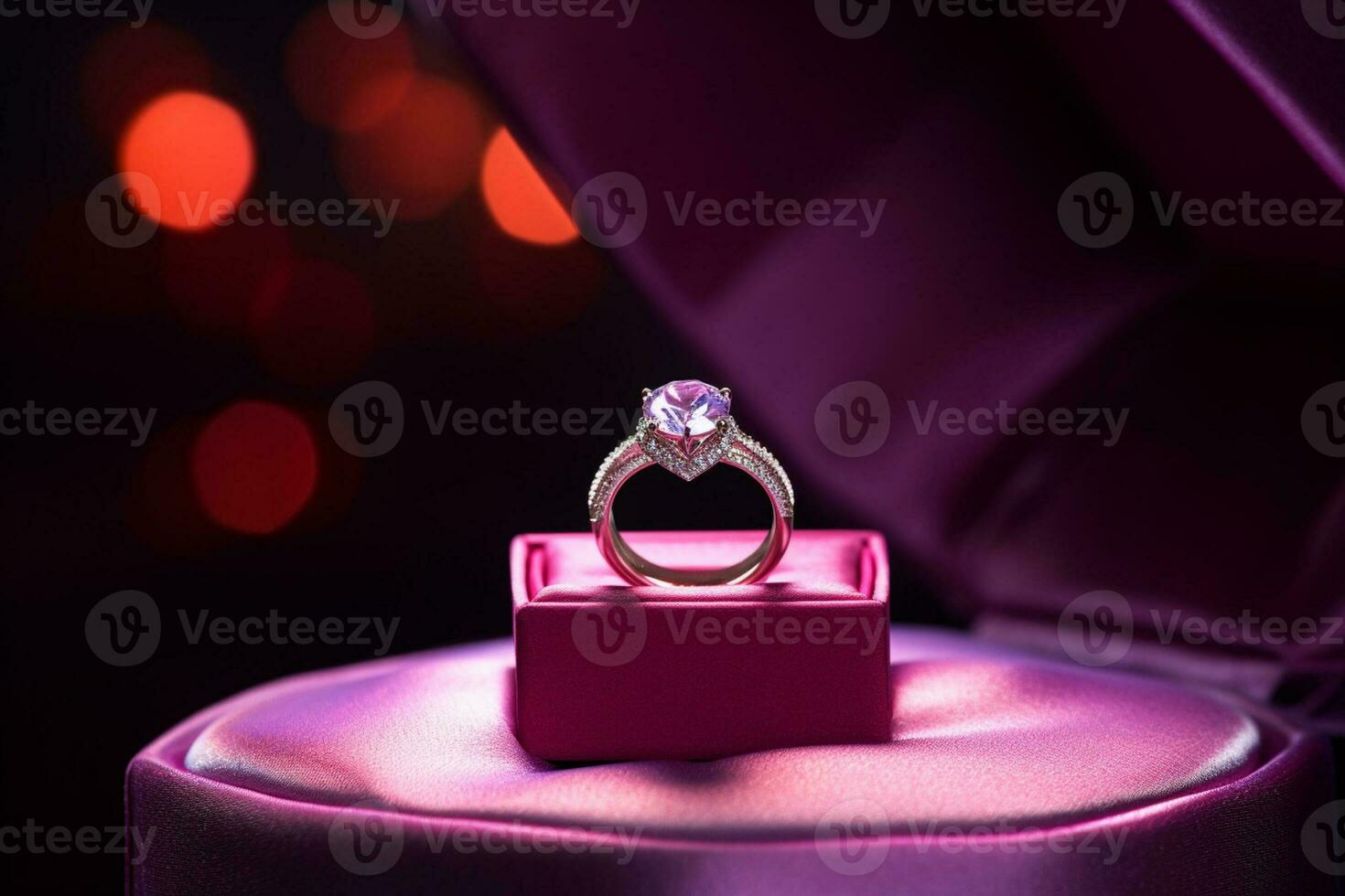 AI generated a diamond wedding ring in a red purple box bokeh style background with Generated AI photo