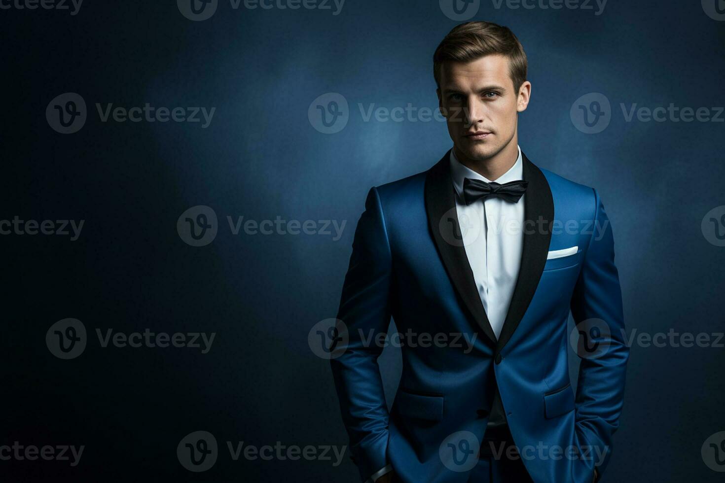 AI generated handsome man model wearing blue tuxedo bokeh style background with Generated AI photo