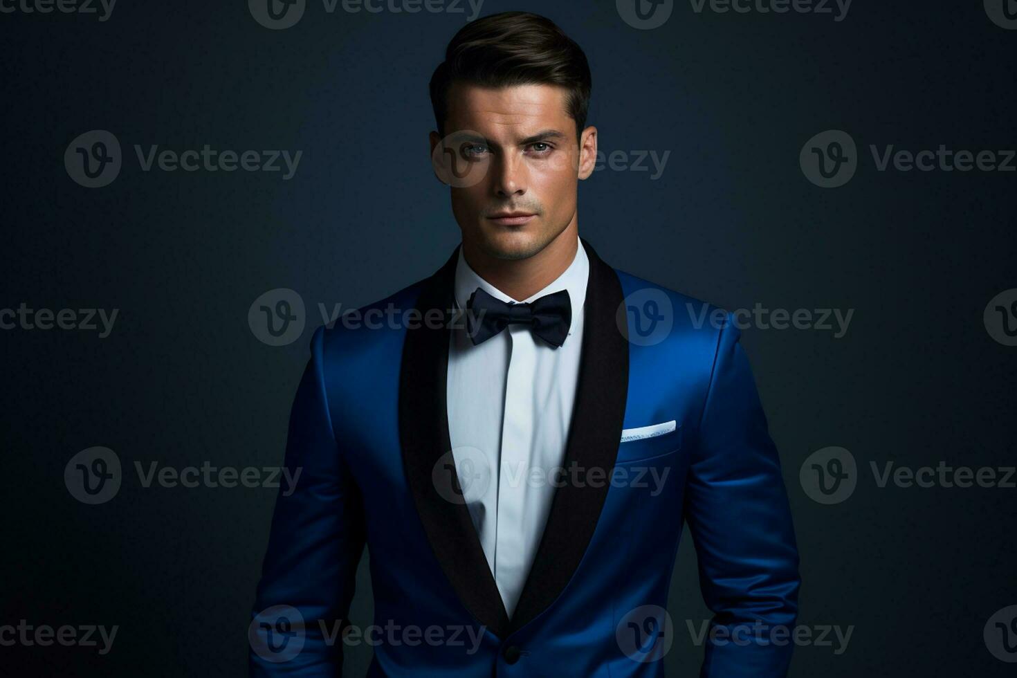 AI generated handsome man model wearing blue tuxedo bokeh style background with Generated AI photo