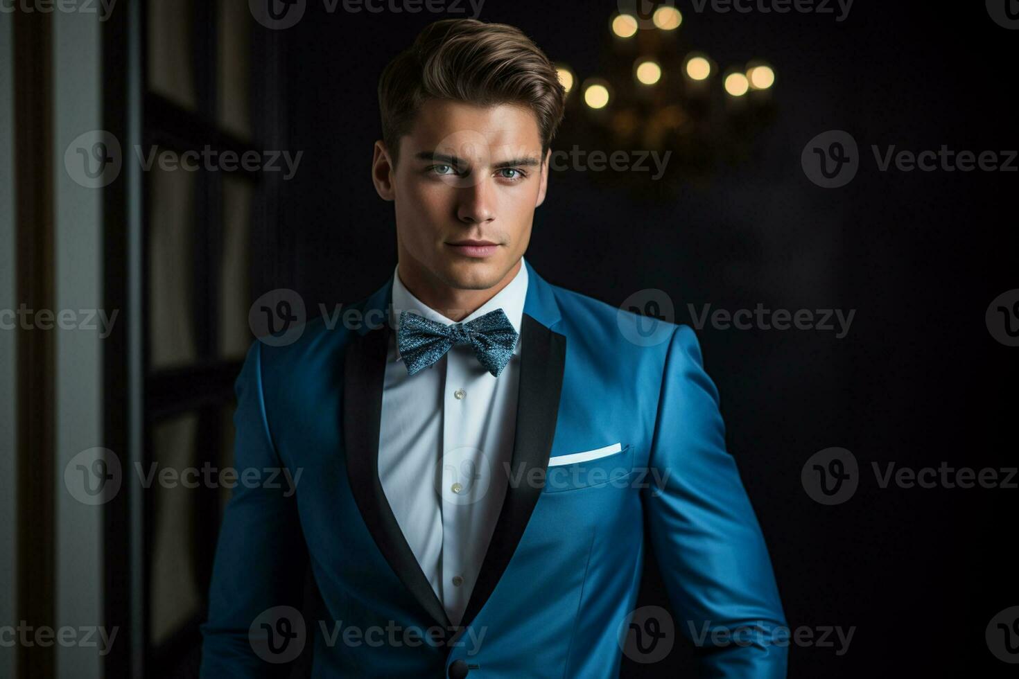 AI generated handsome man model wearing blue tuxedo bokeh style background with Generated AI photo