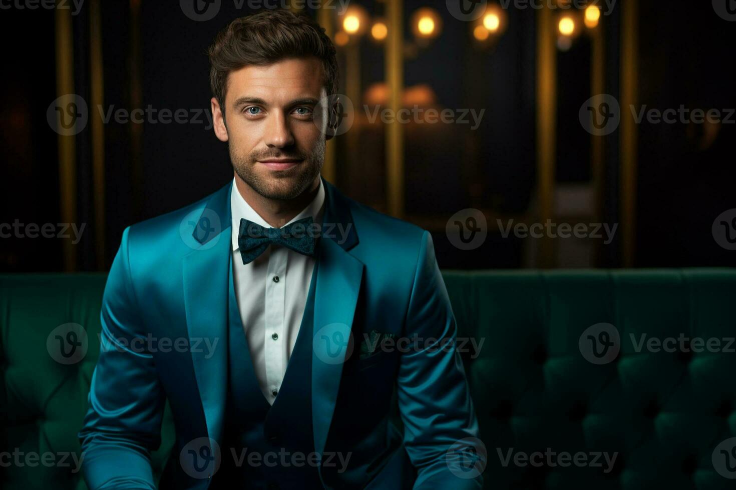 AI generated handsome man model wearing blue tuxedo bokeh style background with Generated AI photo