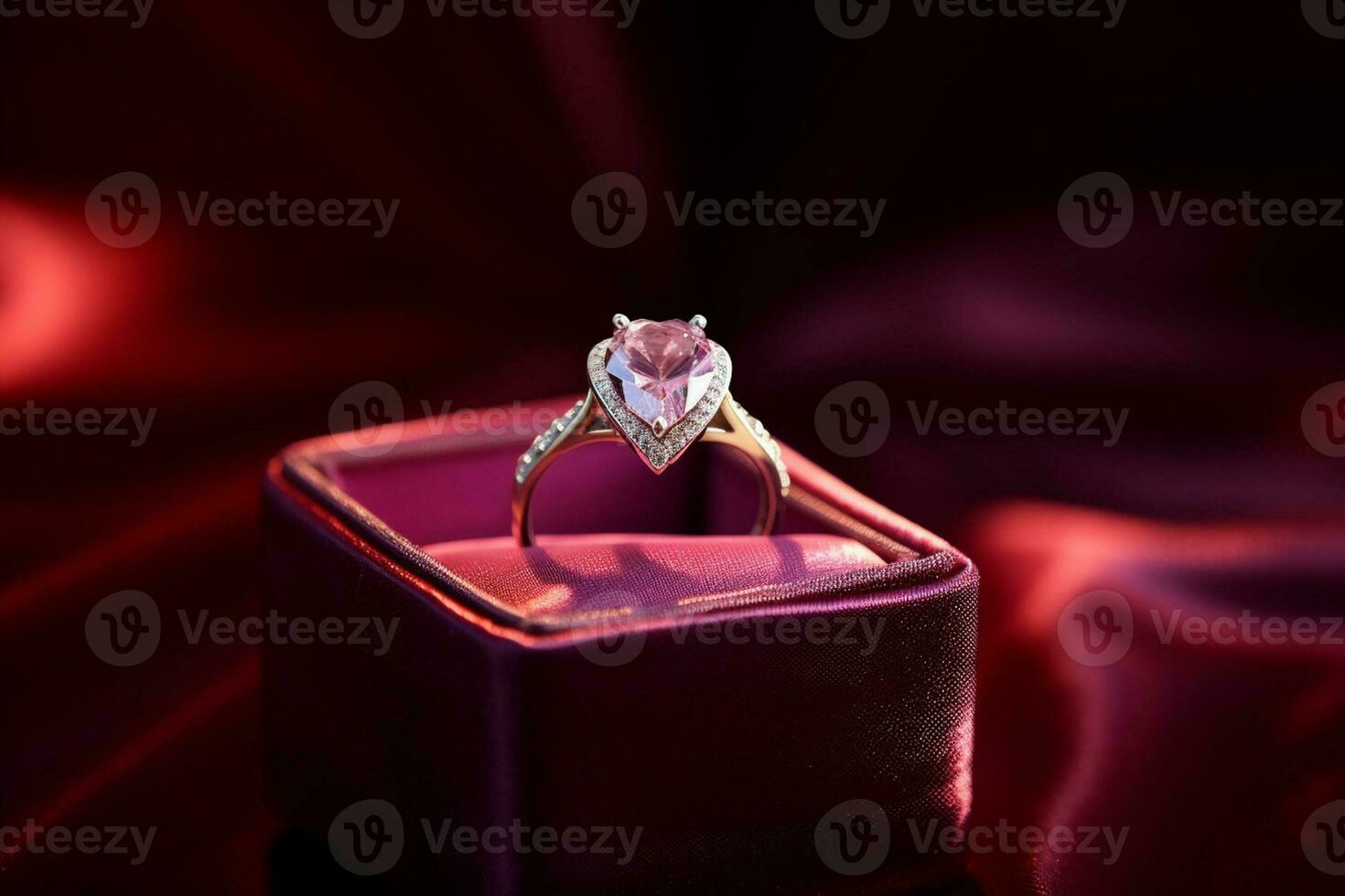 AI generated a diamond wedding ring in a red purple box bokeh style background with Generated AI photo
