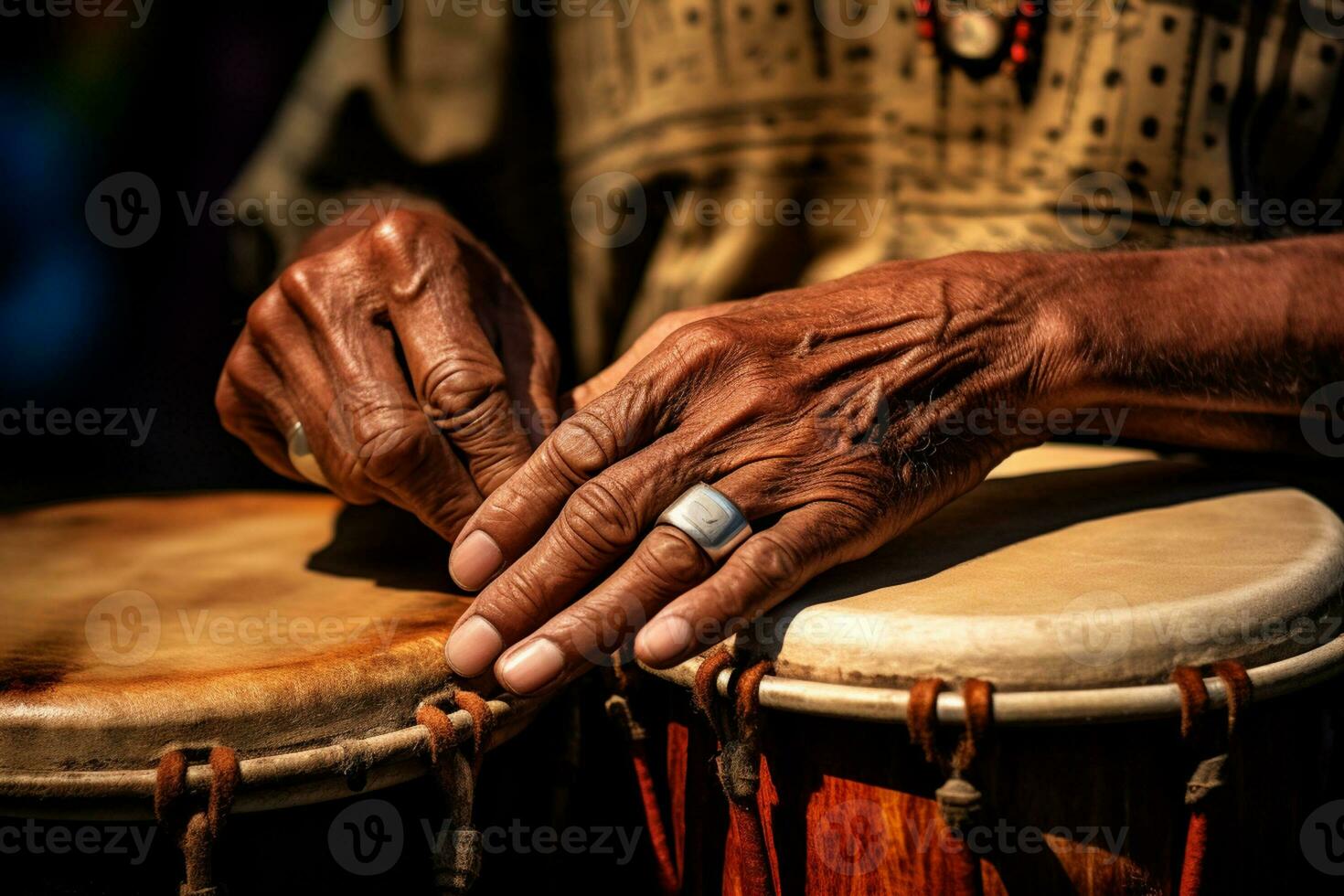 AI generated close up of hands playing drum bokeh style background with Generated AI photo