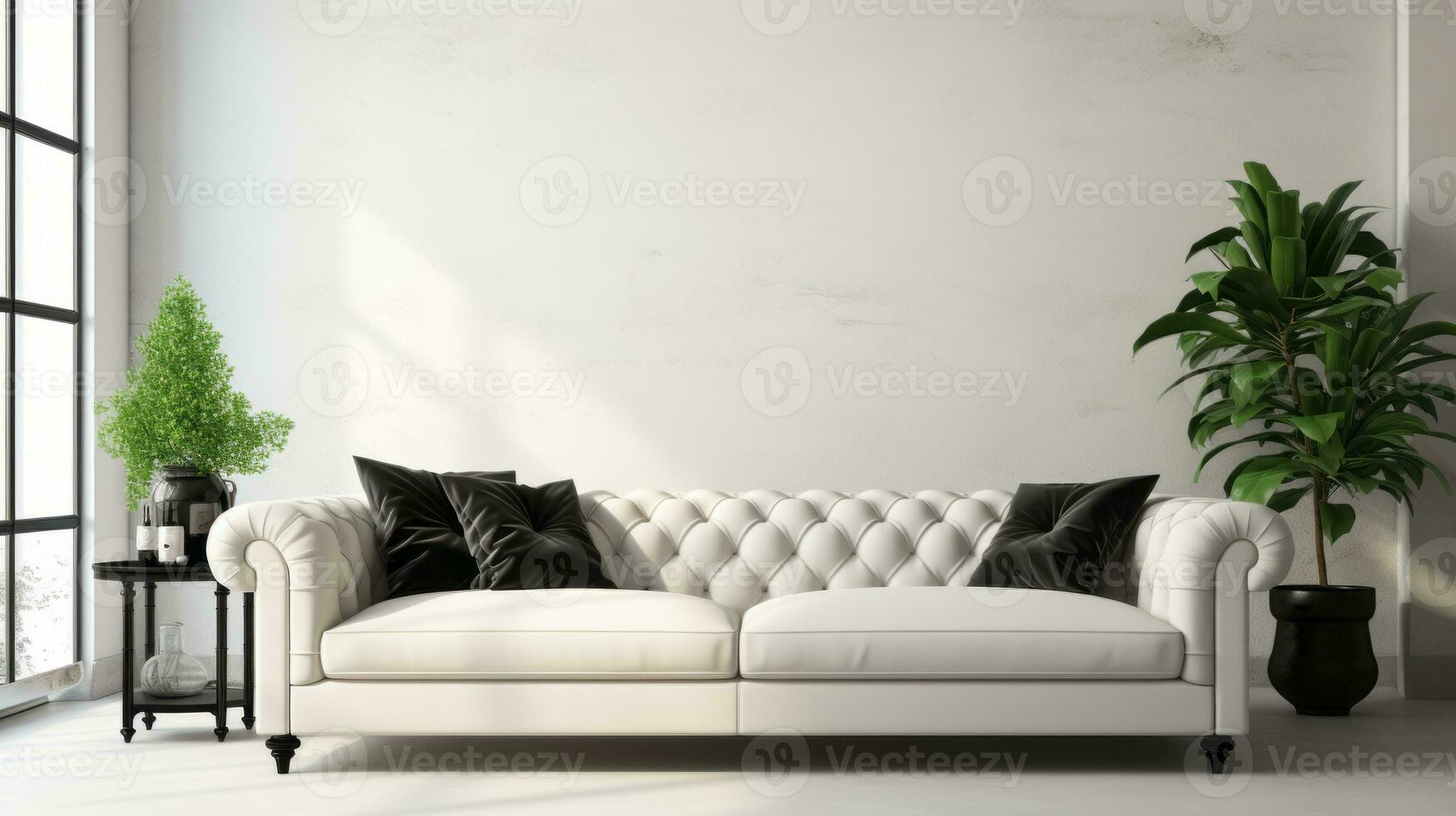 AI generated Minimalist armchair in modern white concrete interior with big picture frame and empty canvas mockup photo