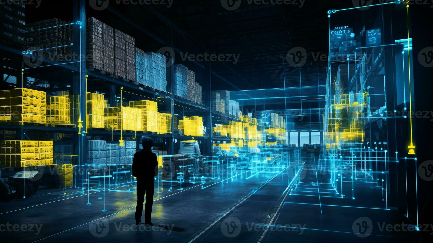 AI generated Robotic logistics warehouse with automated vehicles and digital interfaces optimizing supply chain photo
