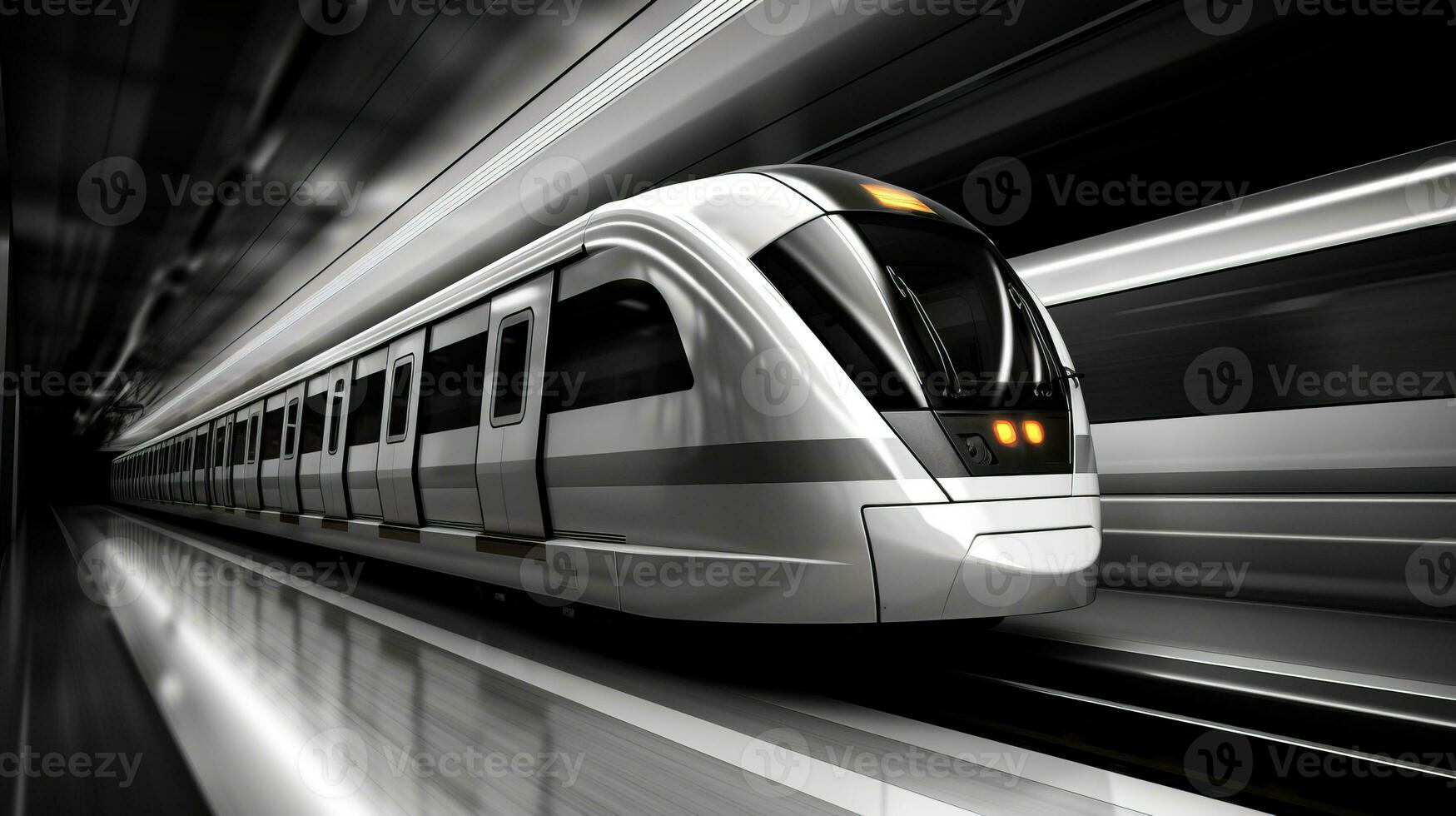 AI generated Sleek and futuristic modern subway train in motion, gliding through the bustling urban cityscape photo