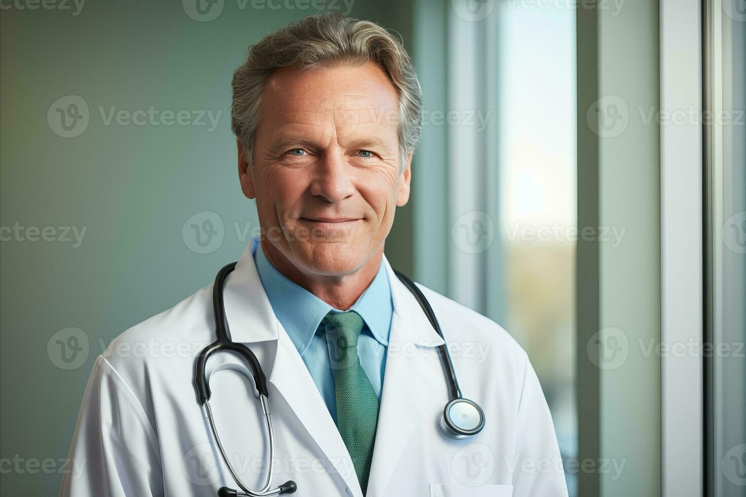 AI generated Smiling male doctor with folded arms on grey background, representing healthcare concept photo