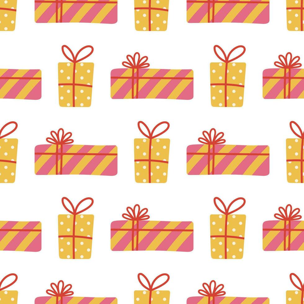 Gift boxes seamless vector pattern. Yellow and pink presents with ribbon, bow. Holiday containers packed in wrapping paper with polka dots and stripes. Surprise for birthday, party. Cartoon background