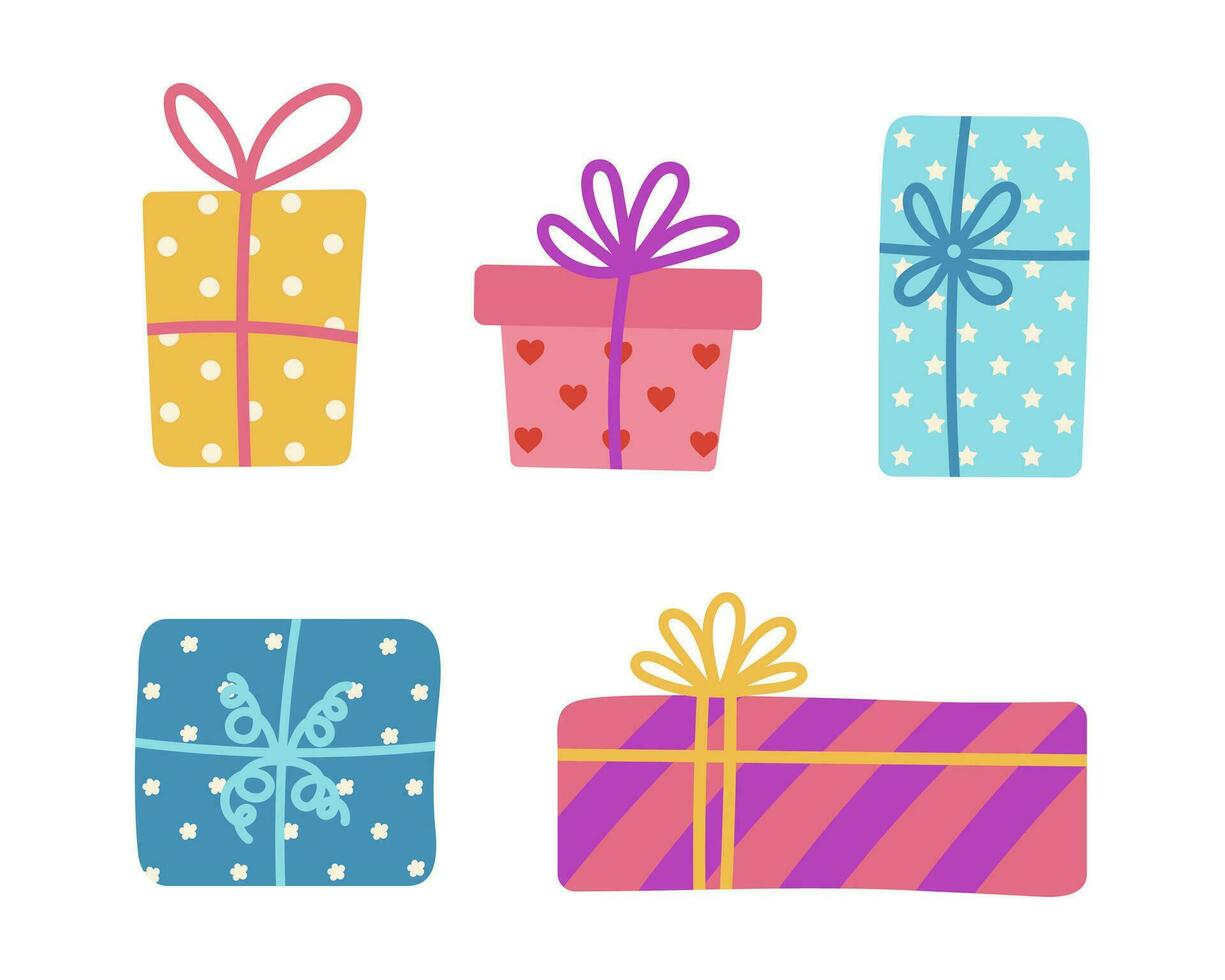 Gift box vector icon set. Bright closed containers with bow, ribbon. Square and rectangular presents are packed in wrapping paper with hearts, polka dots, stars, stripes. Surprise for holiday, party