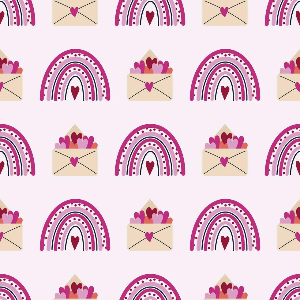 Cute pink rainbow and envelope with hearts, seamless vector pattern. Romantic symbols of Valentines day, date, wedding. Love letter, valentine. Flat cartoon background for cards, posters, print, web