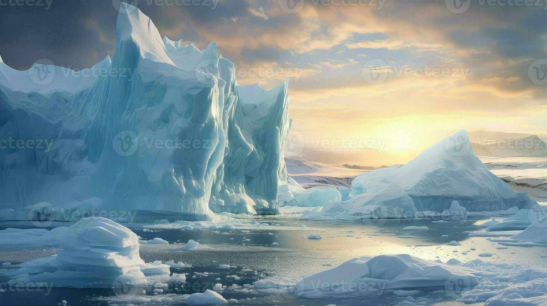 AI generated frozen tabular icebergs landscape photo