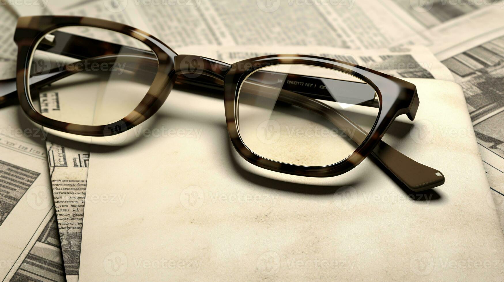 AI generated close up shot of Eye glasses placed on a news paper in a vintage tone photo