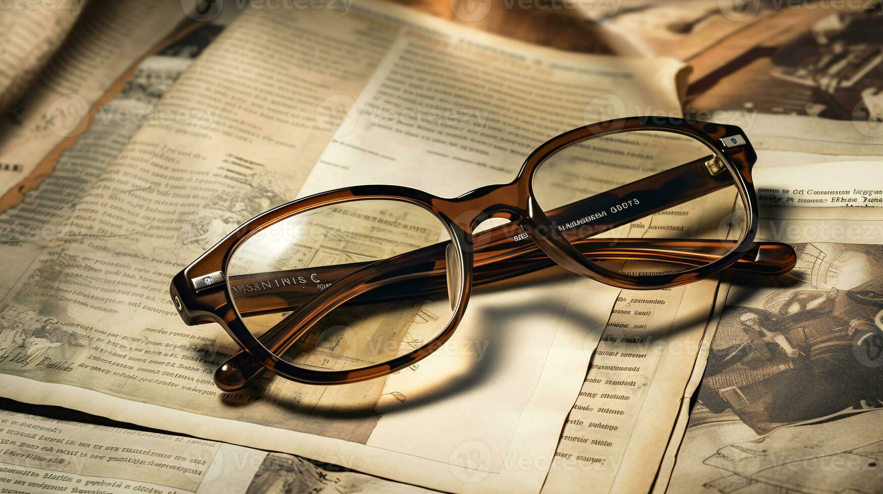 AI generated close up shot of Eye glasses placed on a news paper in a vintage tone photo