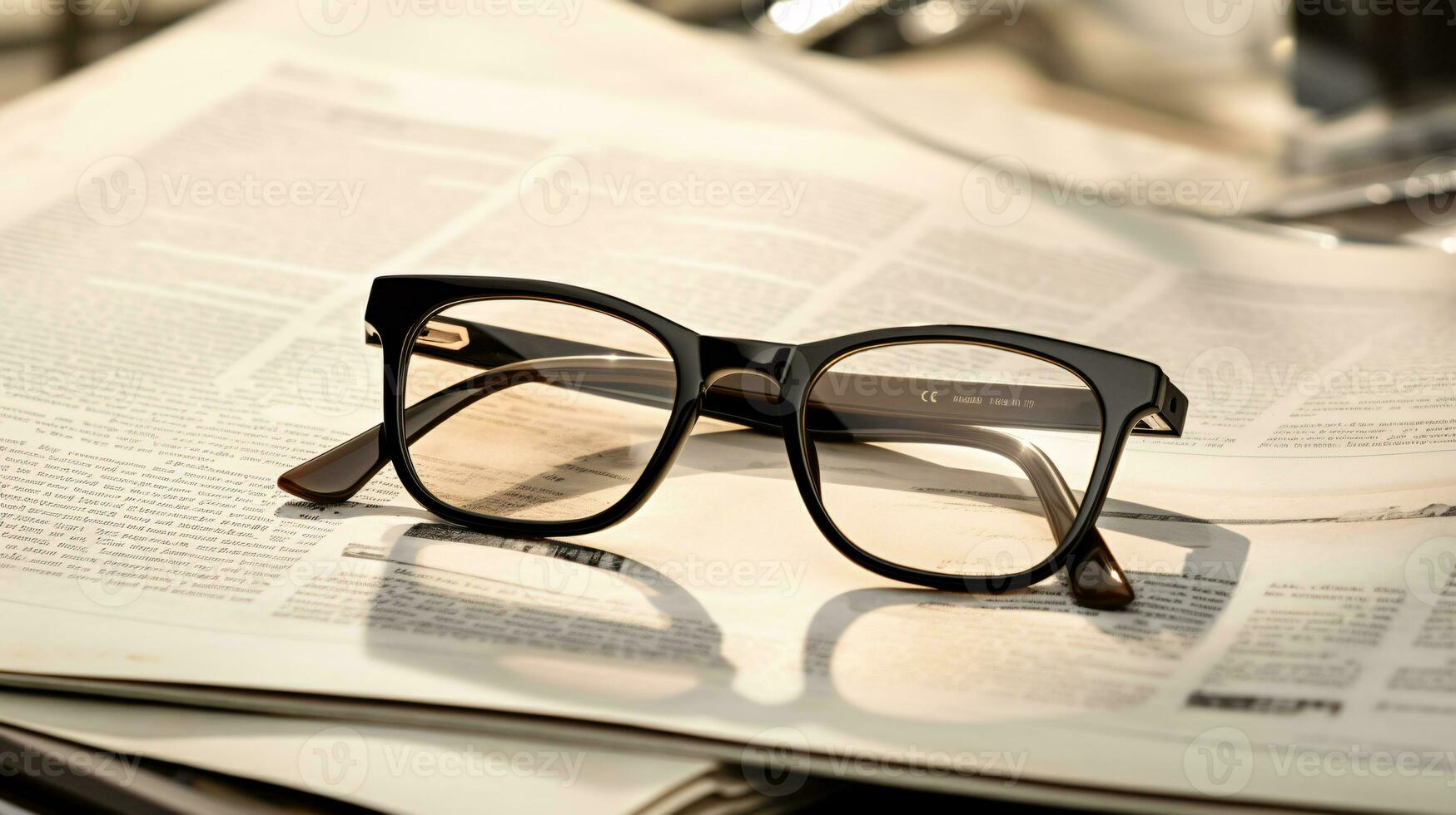 AI generated close up shot of Eye glasses placed on a news paper in a vintage tone photo