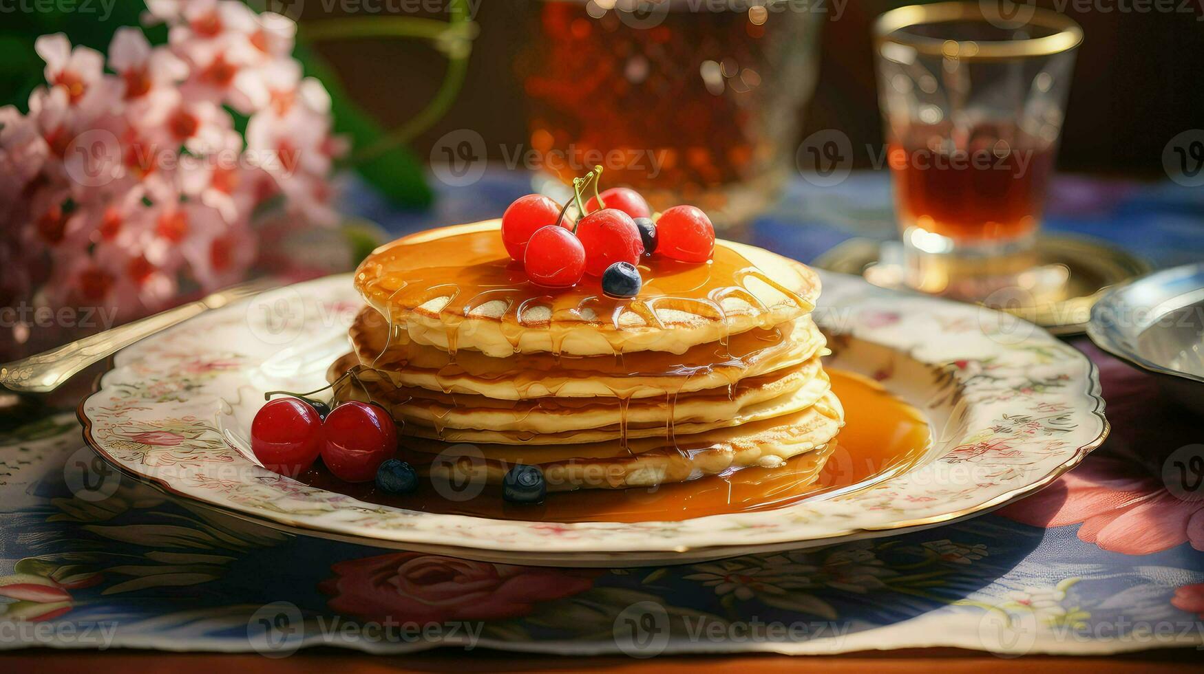 AI generated delicious syrup pancake food photo