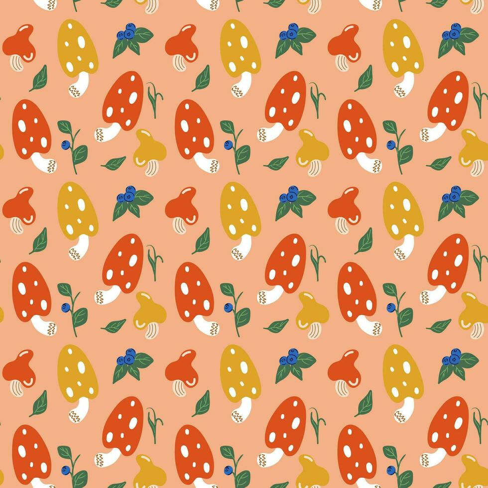 Forest pattern with red and yellow mushrooms, blueberries and leaves. Pattern on beige background vector