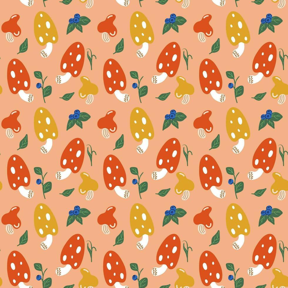 Forest pattern with red and yellow mushrooms, blueberries and leaves. Pattern on beige background vector