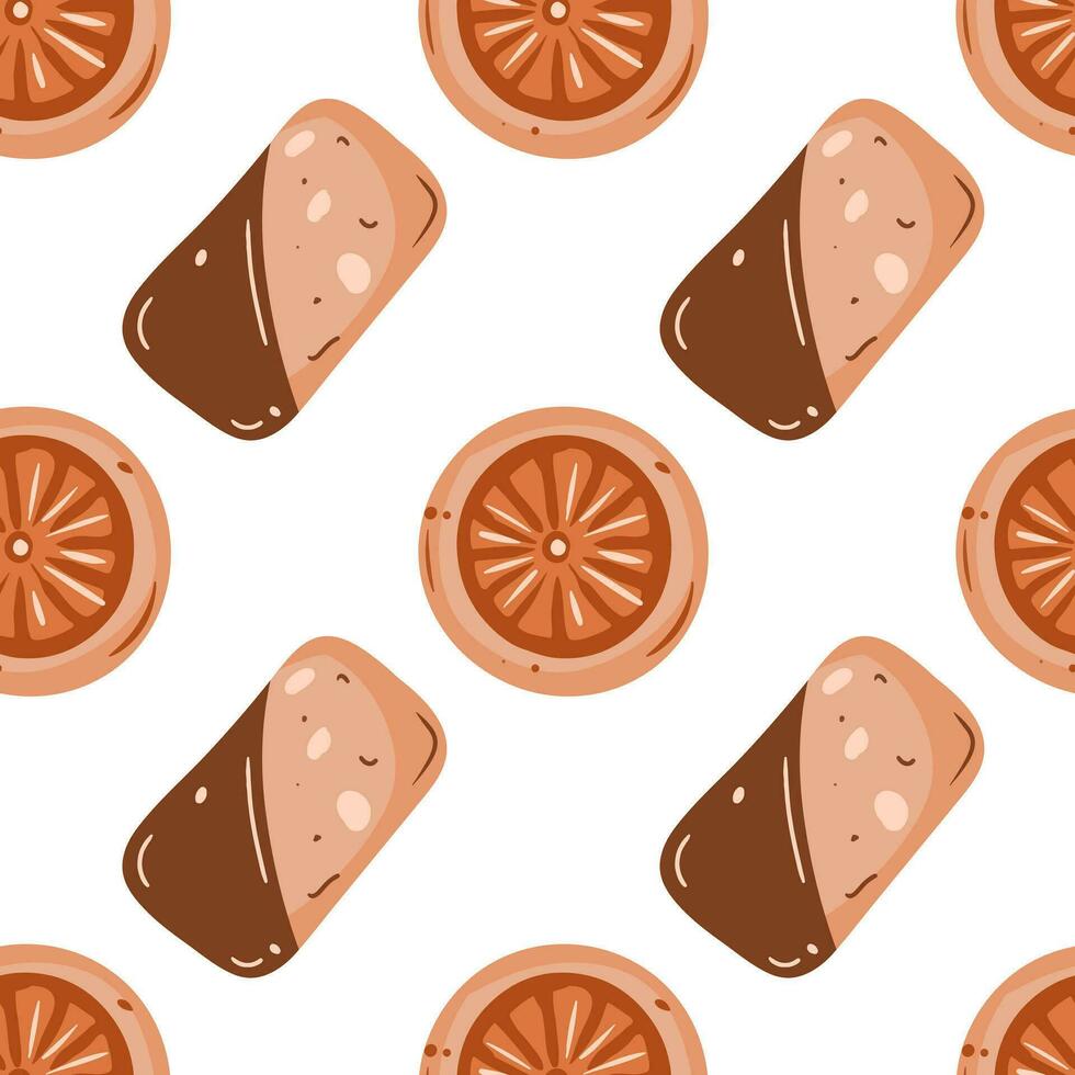 Seamless pattern with chocolate and orange cookies on a white background. Pastel colors vector