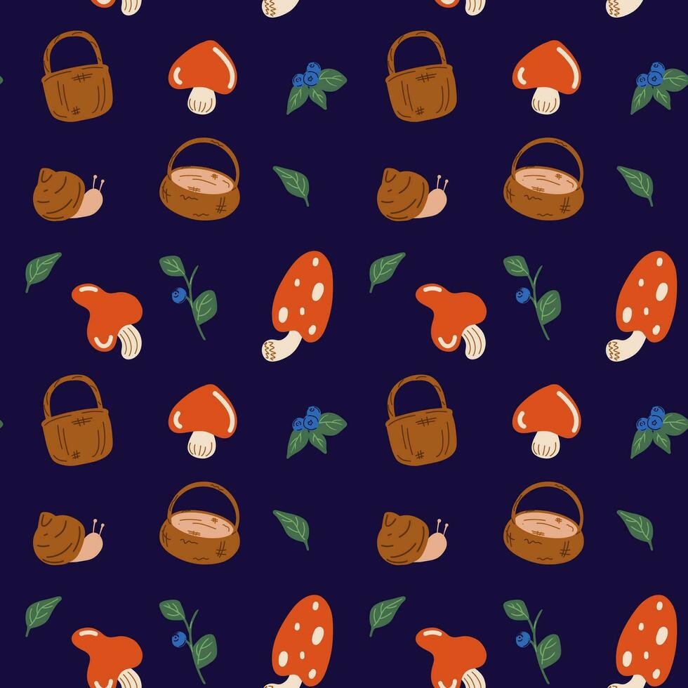 The forest pattern. Mushrooms, baskets, blueberries, snail, leaves on a blue background vector